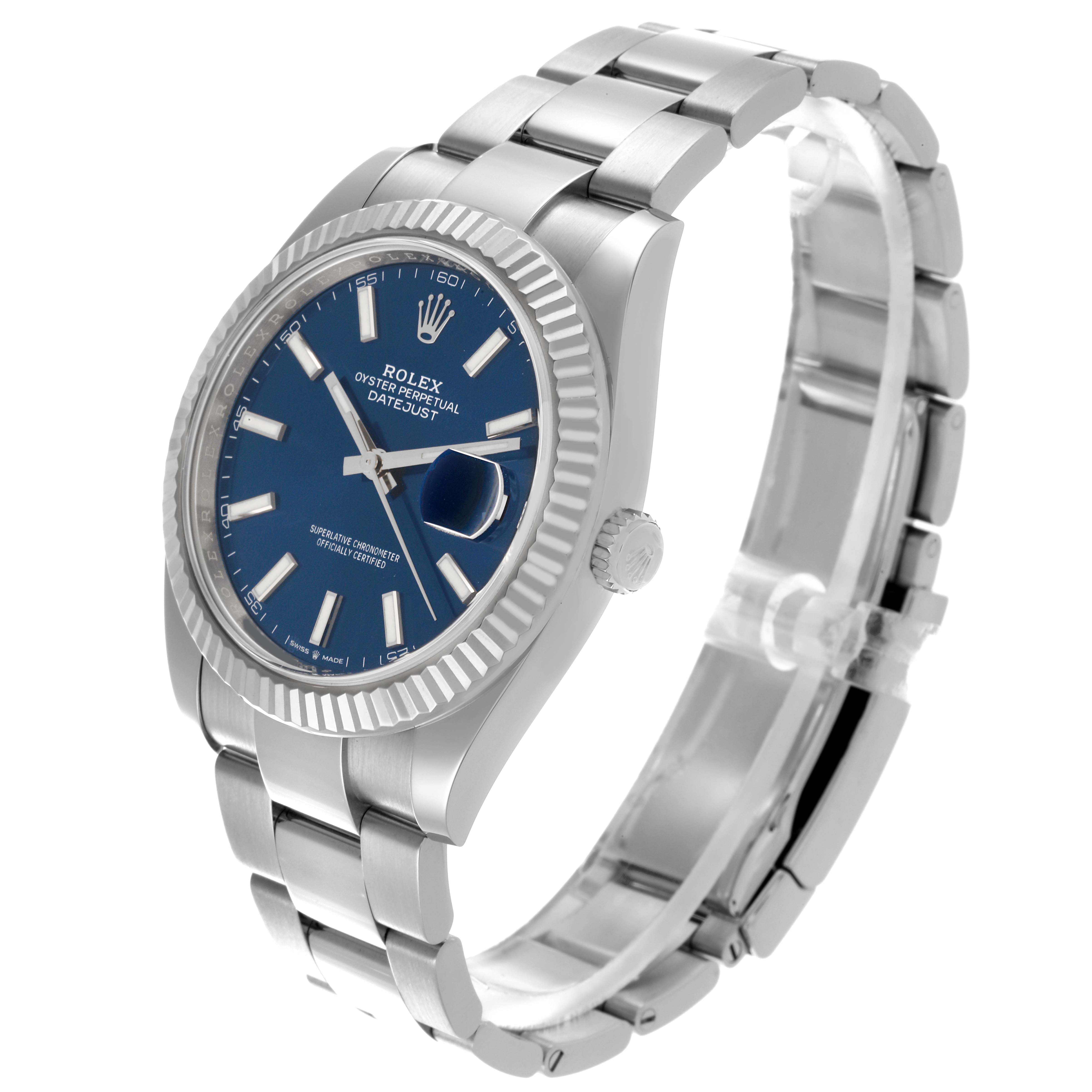 The Rolex Datejust 41 126334 Men
s Stainless Steel Blue Dial 126334 Men
s Stainless Steel Blue Dial is shown from a three-quarter angle, highlighting the dial, bezel, crown, and part of the bracelet.