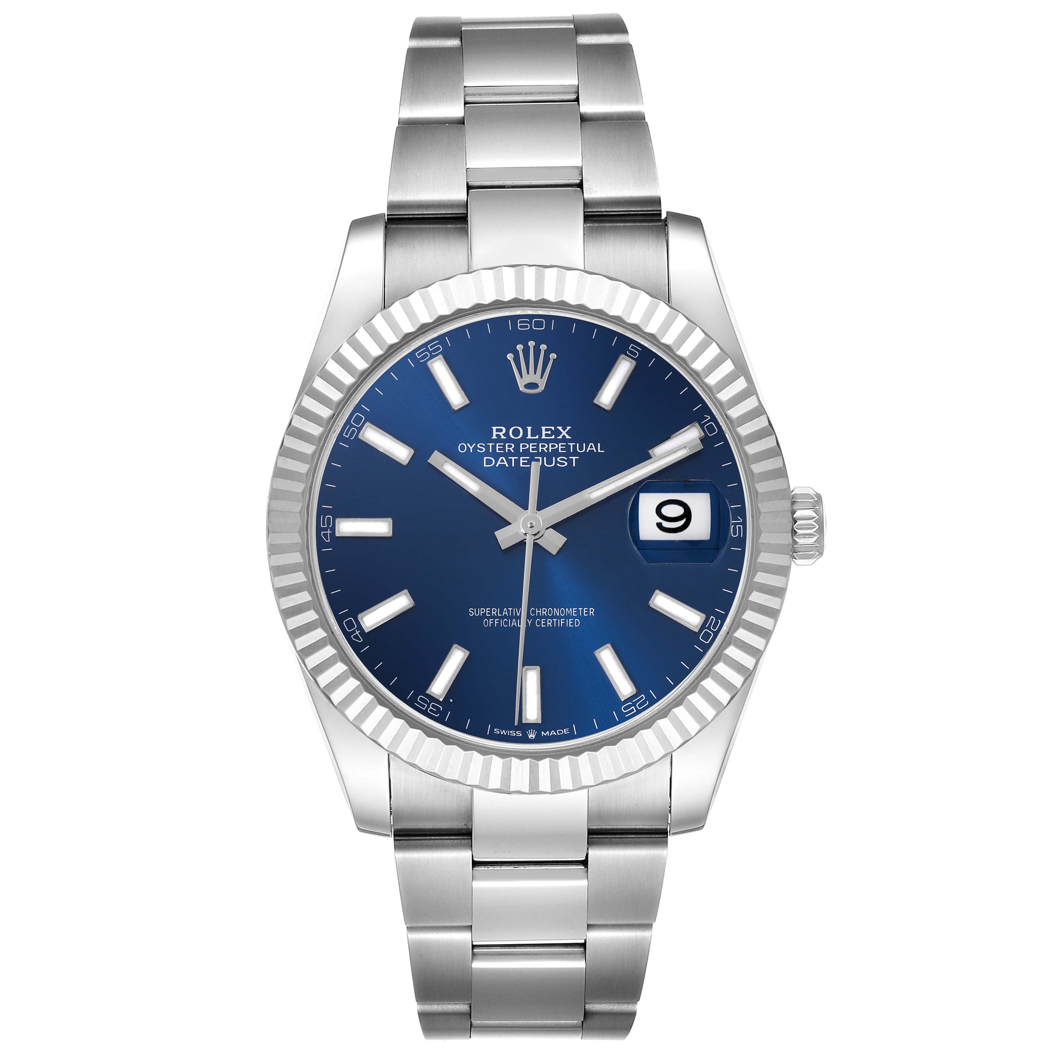 The Rolex Datejust 41 126334 Men
s Stainless Steel Blue Dial 126334 Men
s Stainless Steel Blue Dial features a frontal view showing the dial, bezel, crown, and bracelet.