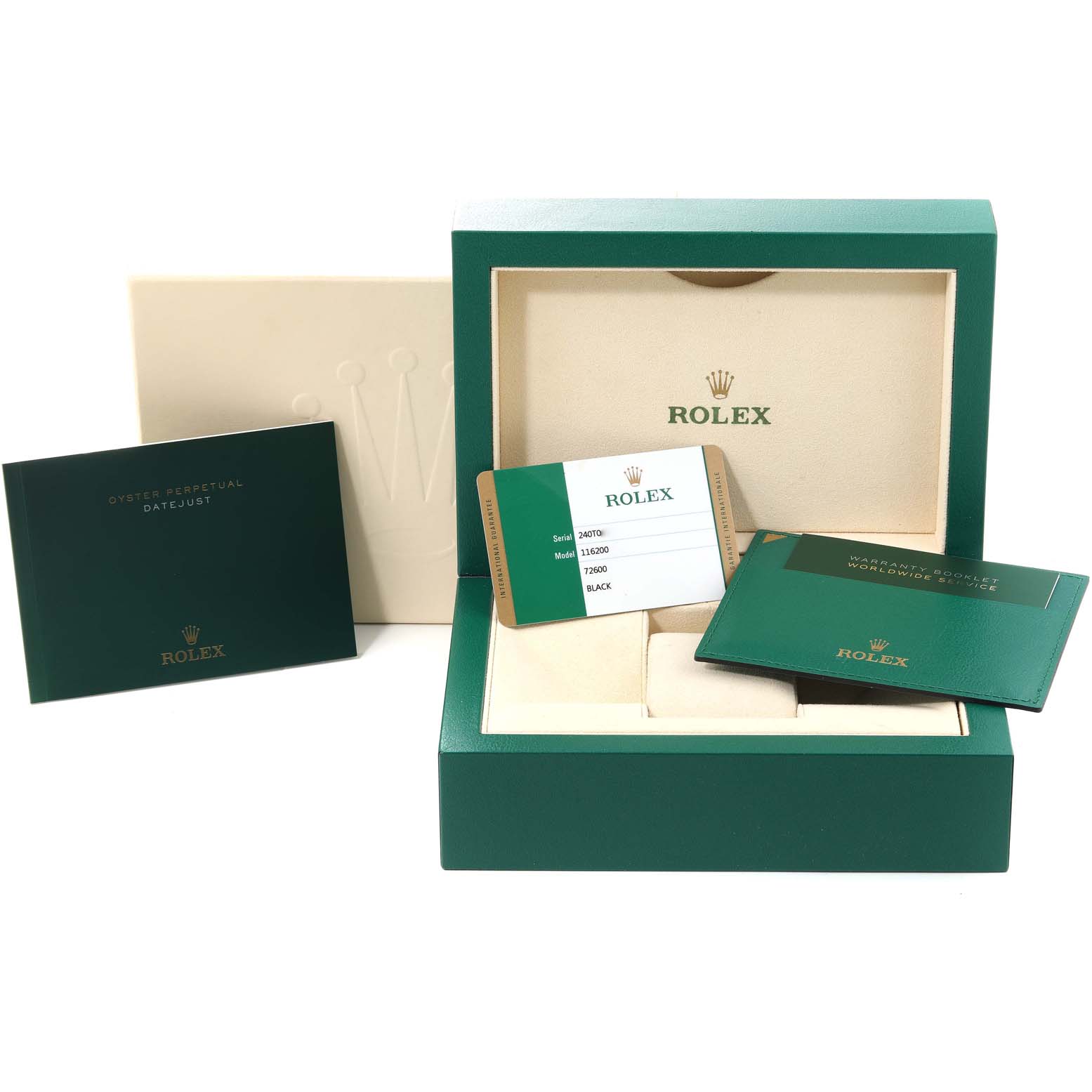 The image shows the packaging, an authenticity card, and manuals for a Rolex Datejust 116200 Men's Stainless Steel Black Dial 116200 Men's Stainless Steel Black Dial watch.
