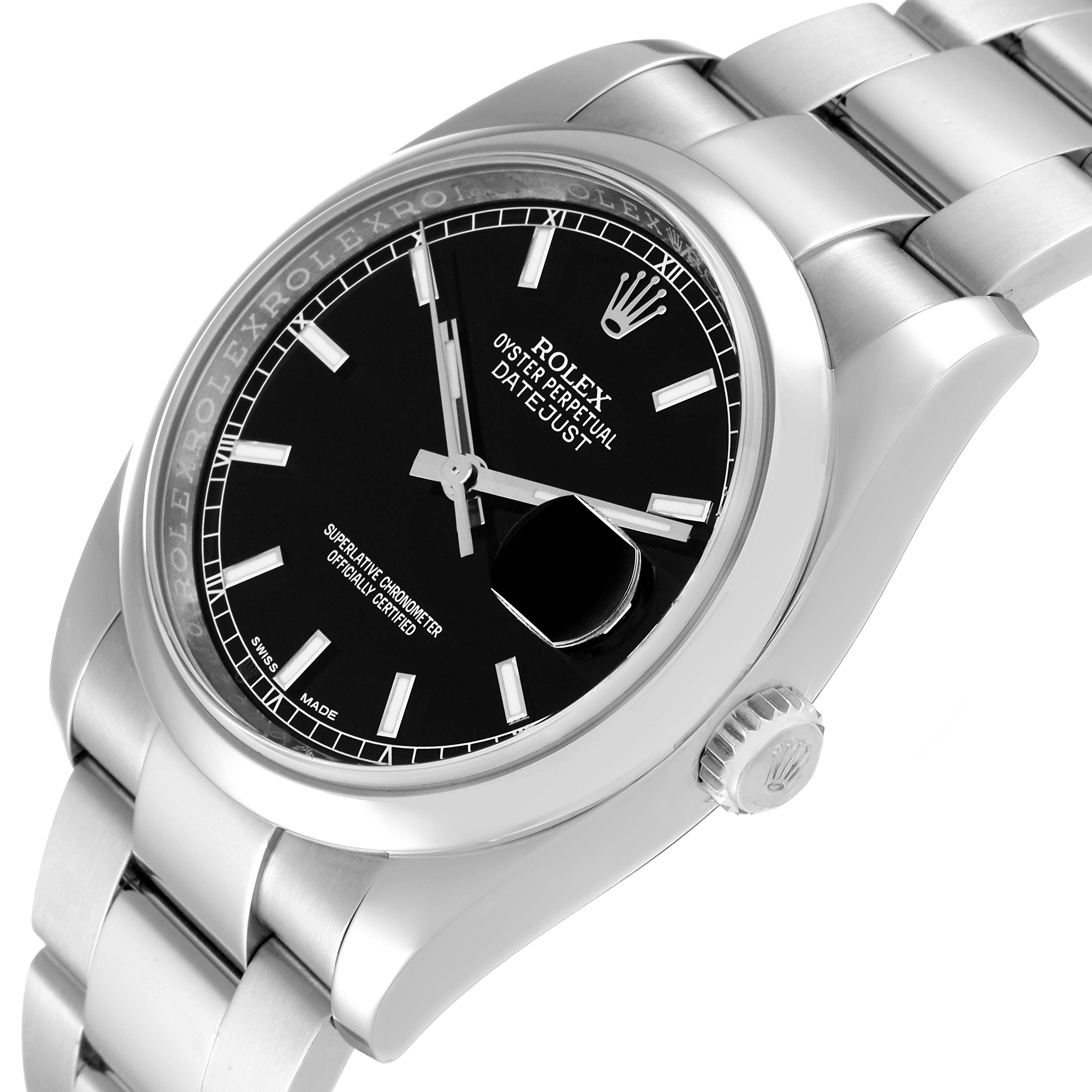 The image shows a close-up angle of a Rolex Datejust 116200 Men's Stainless Steel Black Dial 116200 Men's Stainless Steel Black Dial watch, focusing on the dial, bezel, and part of the bracelet.