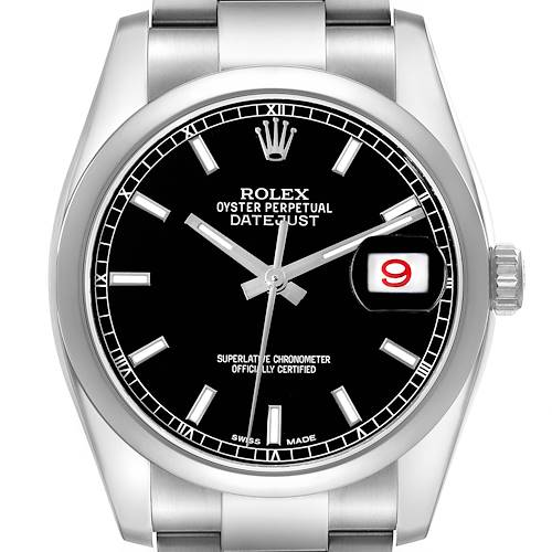 Photo of Rolex Datejust Black Baton Dial Steel Mens Watch 116200 Box Card