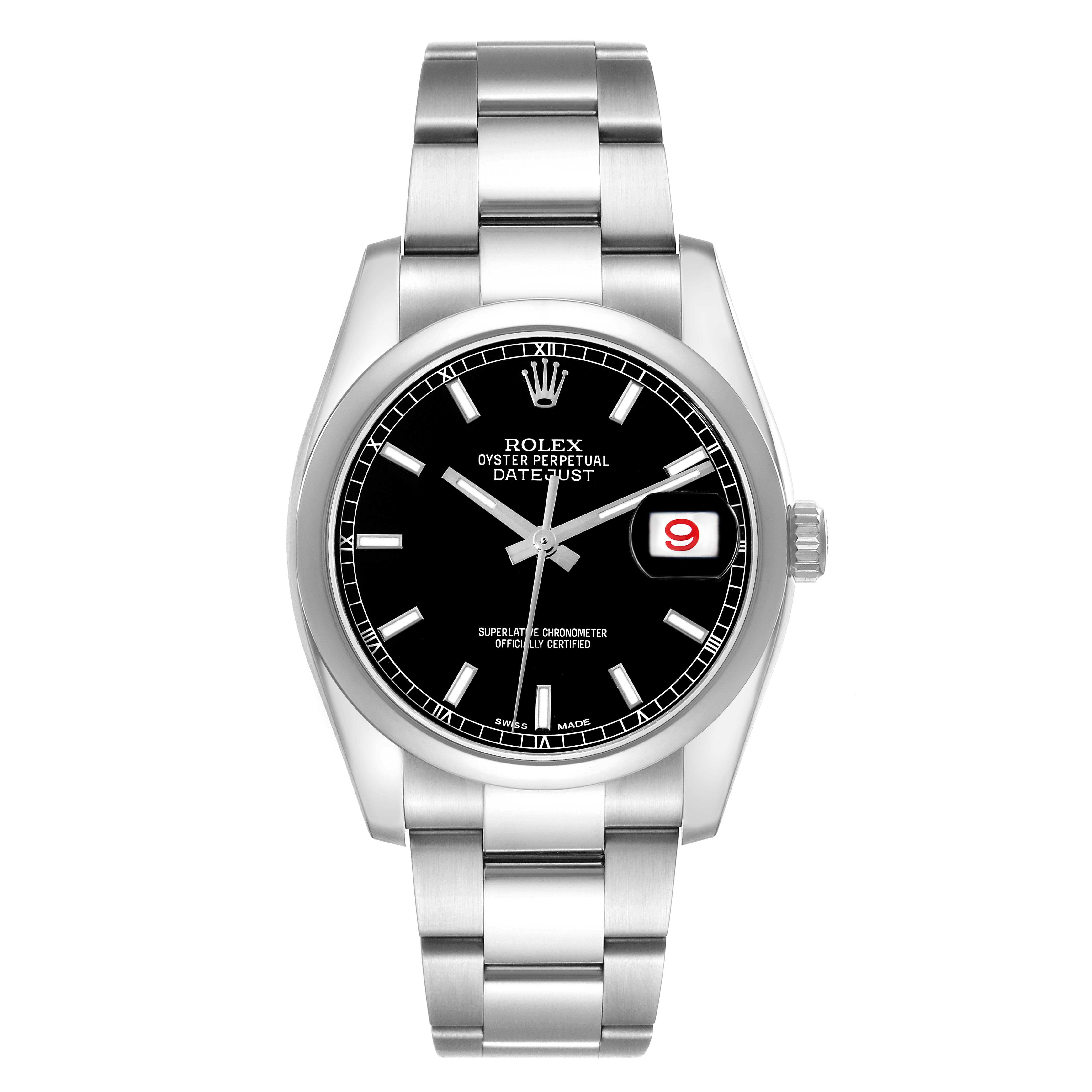 This Rolex Datejust 116200 Men's Stainless Steel Black Dial 116200 Men's Stainless Steel Black Dial watch is shown from a front angle, displaying the dial, bracelet, bezel, and date window.