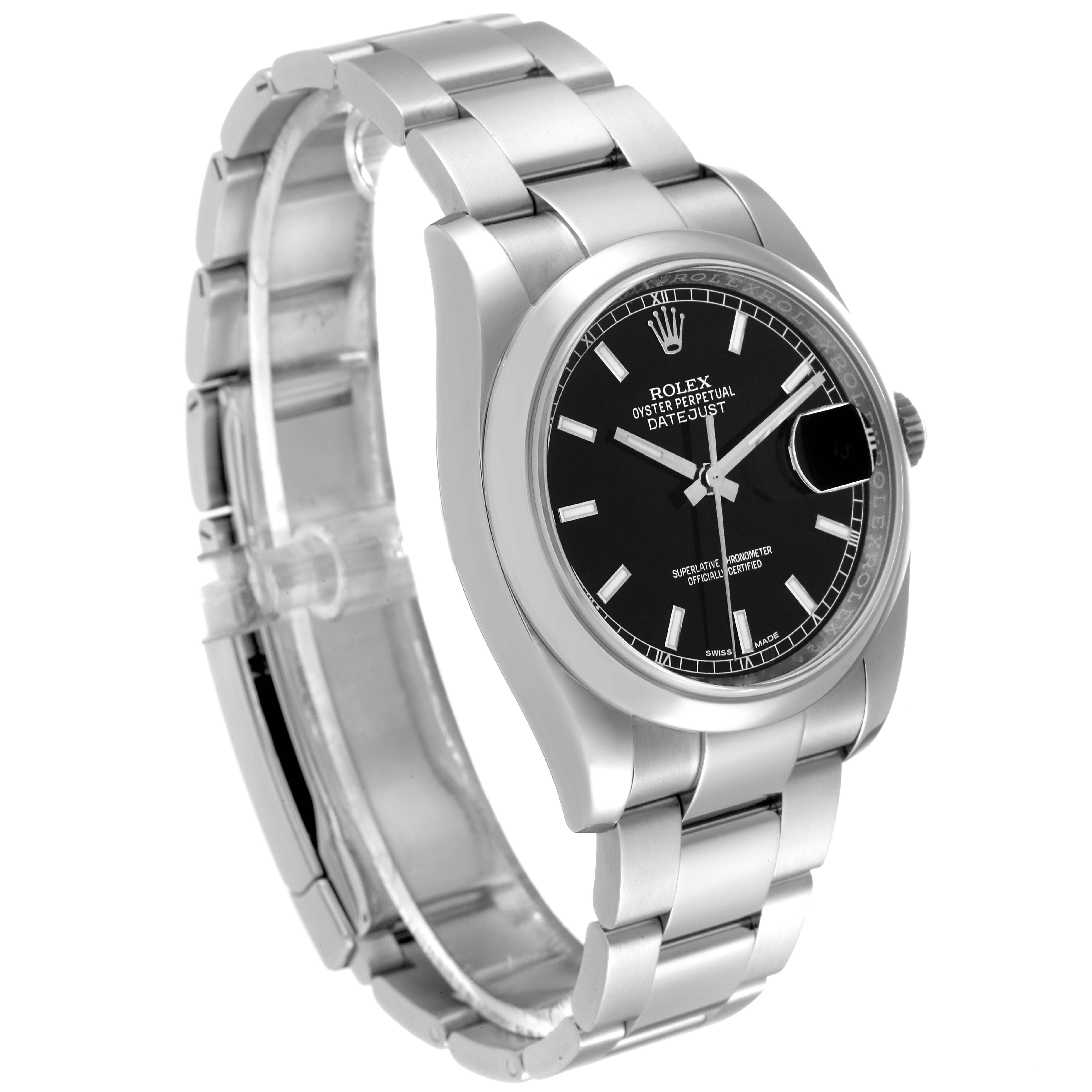 This image shows a Rolex Datejust 116200 Men's Stainless Steel Black Dial 116200 Men's Stainless Steel Black Dial watch at a three-quarter angle, highlighting the face, bezel, and bracelet.