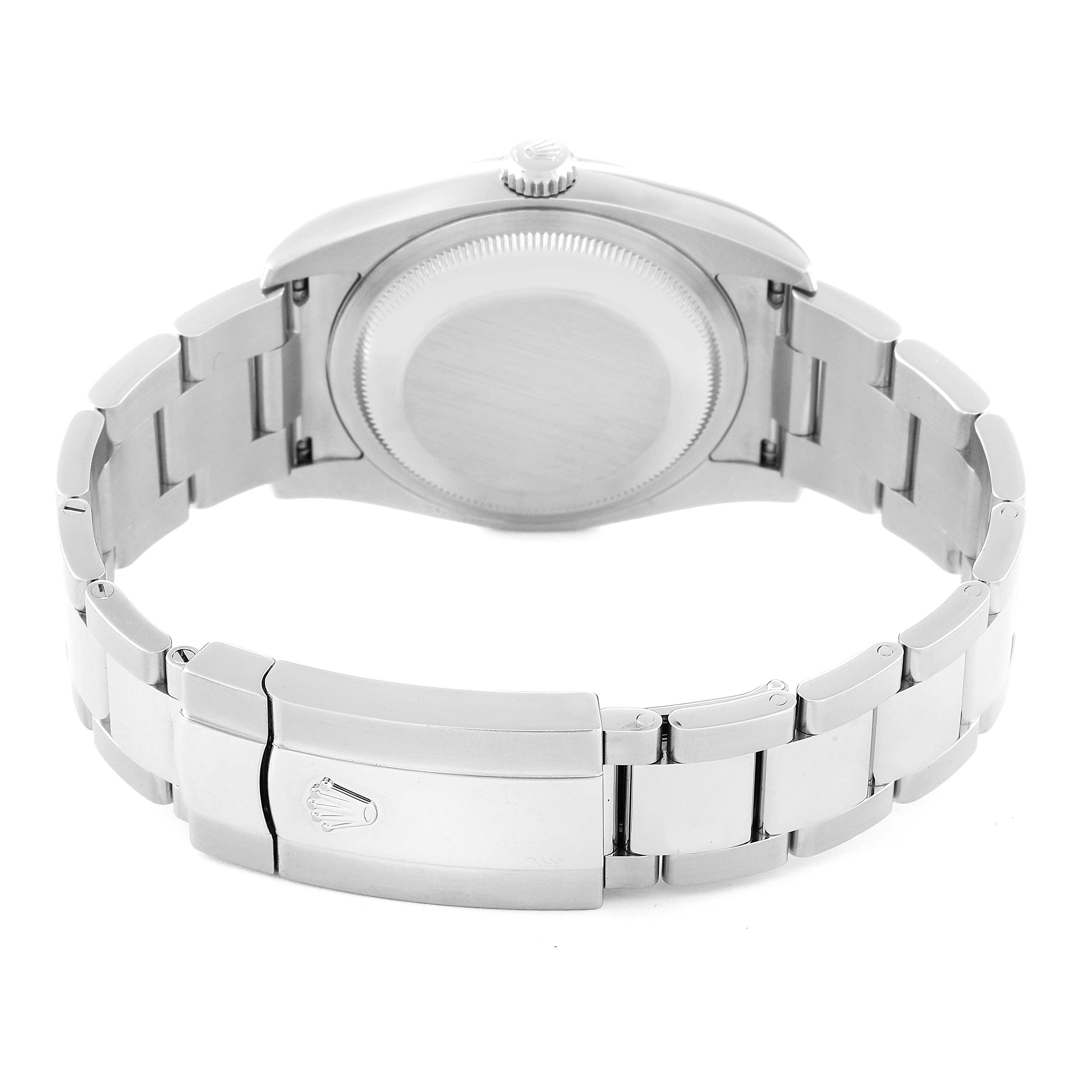 The image shows the backside and bracelet clasp of a Rolex Datejust 116200 Men's Stainless Steel Black Dial 116200 Men's Stainless Steel Black Dial watch at a straight-on angle.