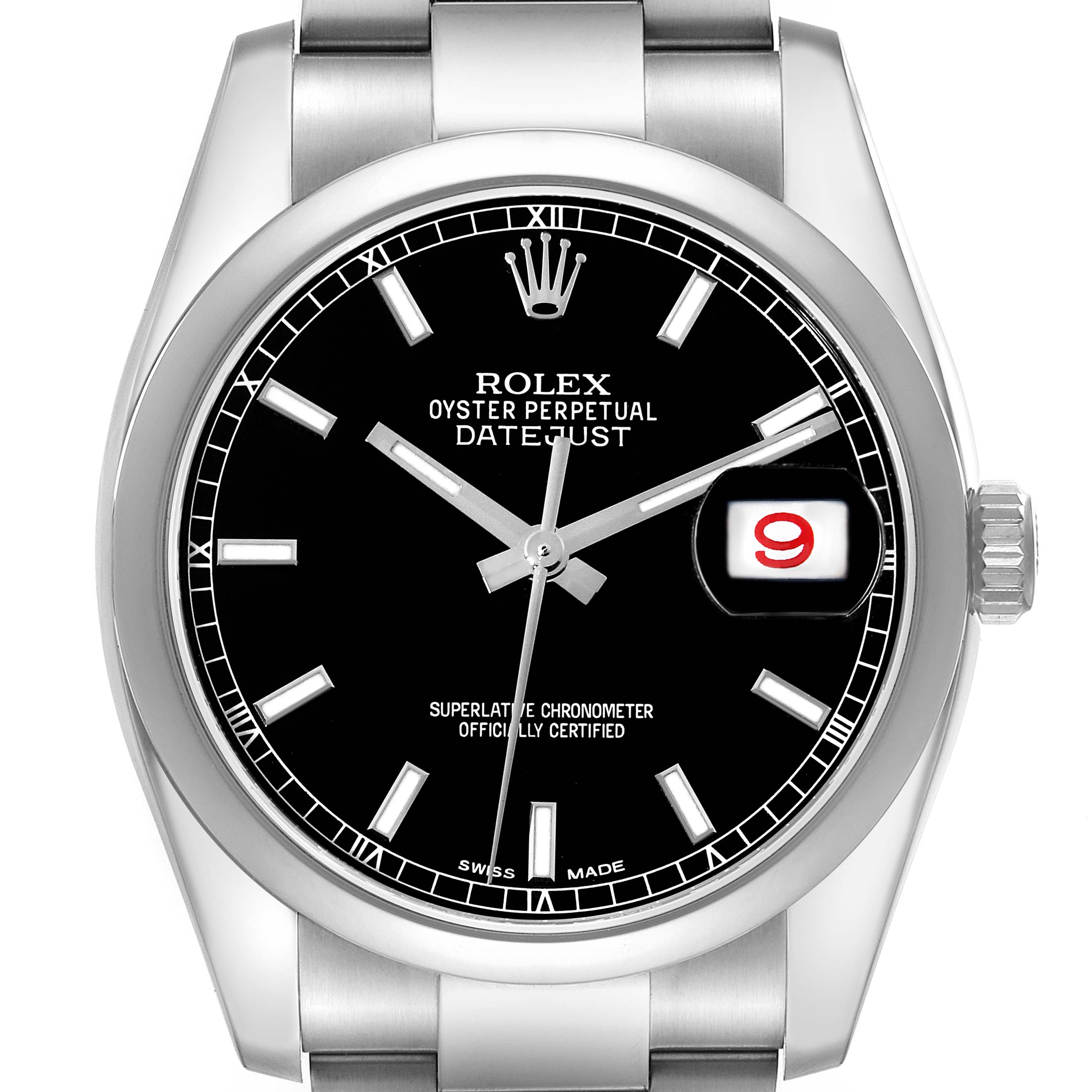 The image shows a front view of a Rolex Datejust 116200 Men's Stainless Steel Black Dial 116200 Men's Stainless Steel Black Dial watch, focusing on its dial, bezel, and part of the bracelet.
