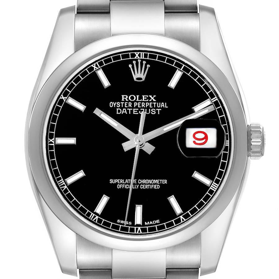Rolex Datejust Black Baton Dial Steel Mens Watch 116200 Box Card SwissWatchExpo