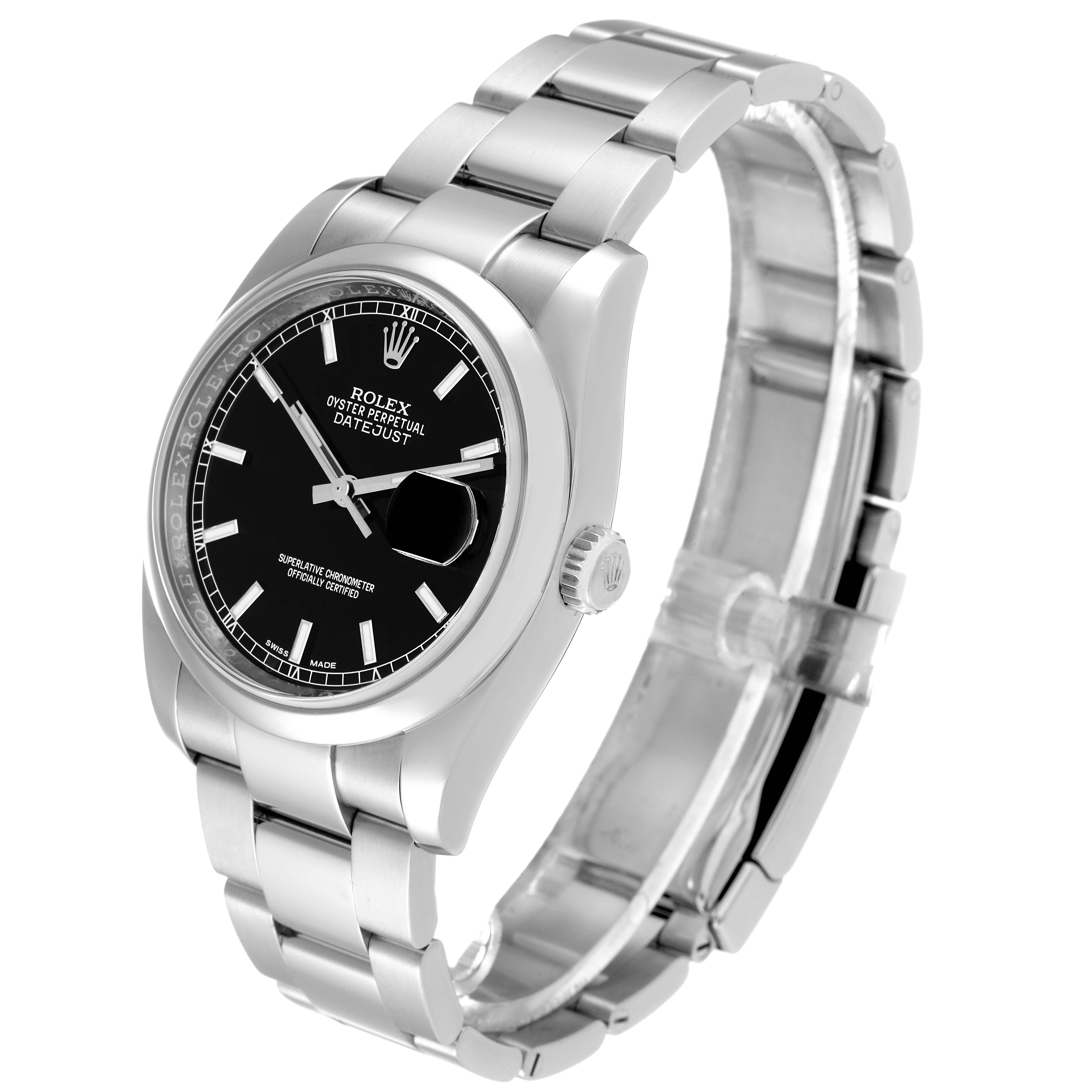 The image shows a Rolex Datejust 116200 Men's Stainless Steel Black Dial 116200 Men's Stainless Steel Black Dial watch taken at a slight side angle, highlighting the face, bezel, crown, and bracelet.