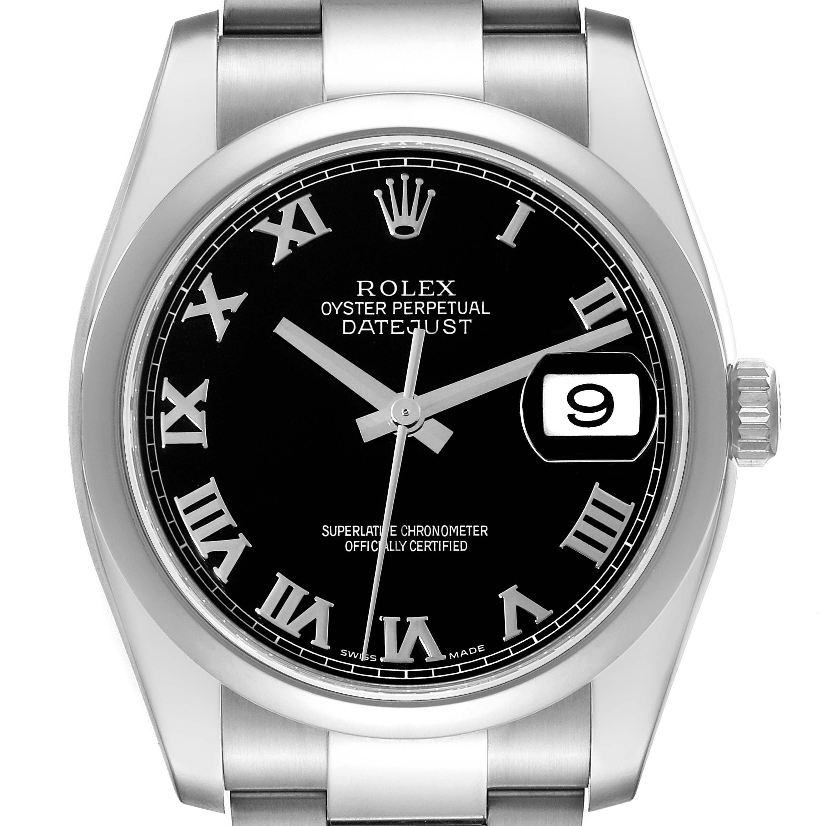 The image shows a front view of the Rolex Datejust 116200 Men's Stainless Steel Black Dial 116200 Men's Stainless Steel Black Dial watch, highlighting the black dial, Roman numerals, and date window.
