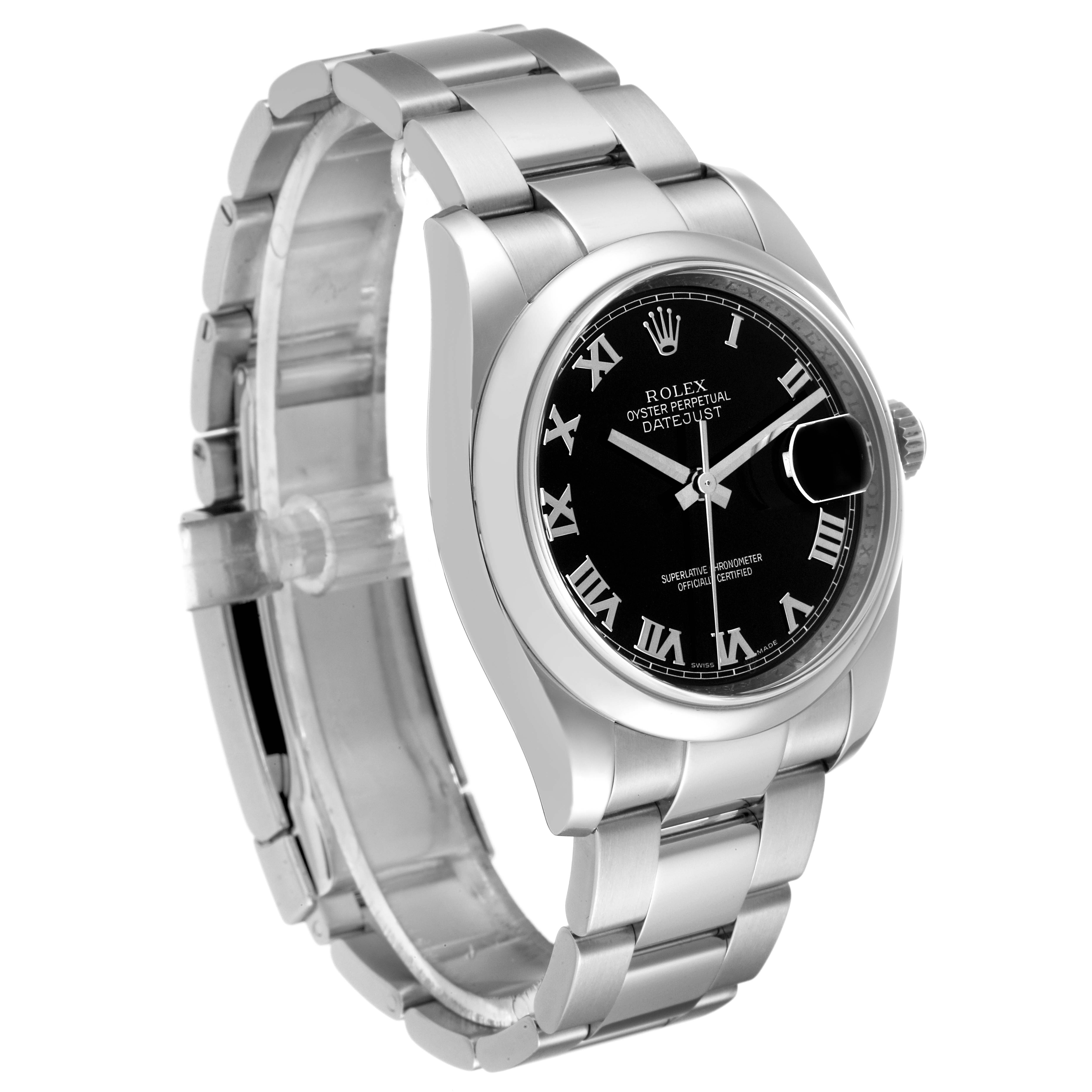 The image shows a Rolex Datejust 116200 Men's Stainless Steel Black Dial 116200 Men's Stainless Steel Black Dial watch at a three-quarter angle, displaying the face, bracelet, and crown.