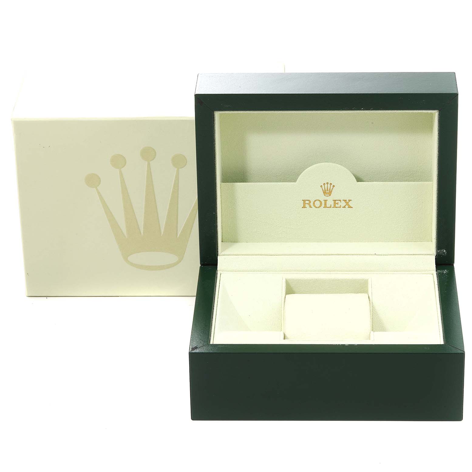 The image shows an open Rolex Datejust 116200 Men's Stainless Steel Black Dial 116200 Men's Stainless Steel Black Dial watch box and its outer packaging at a straight angle.