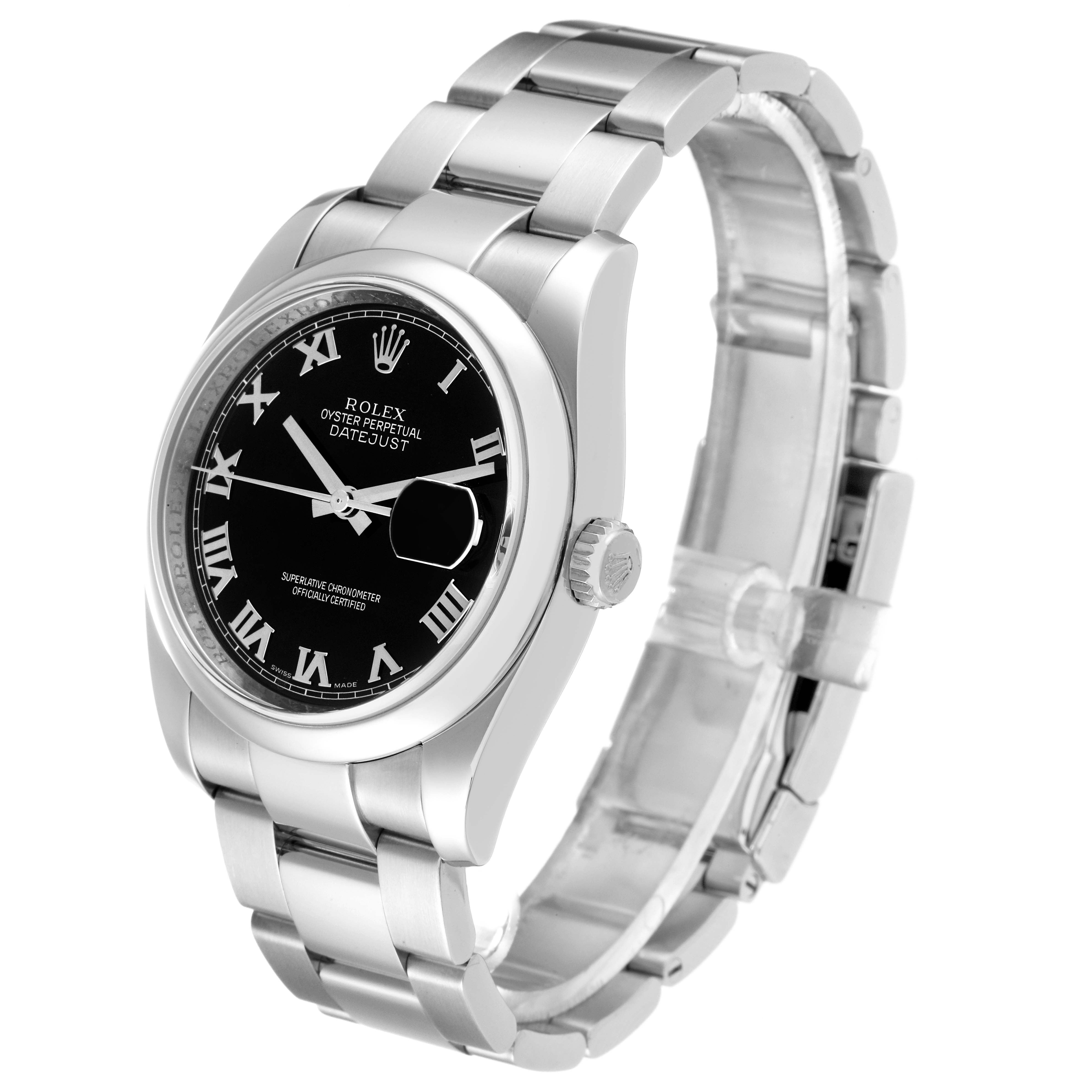 The Rolex Datejust 116200 Men's Stainless Steel Black Dial 116200 Men's Stainless Steel Black Dial watch is shown at a slight angle from the front, displaying the dial, case, bracelet, and crown.