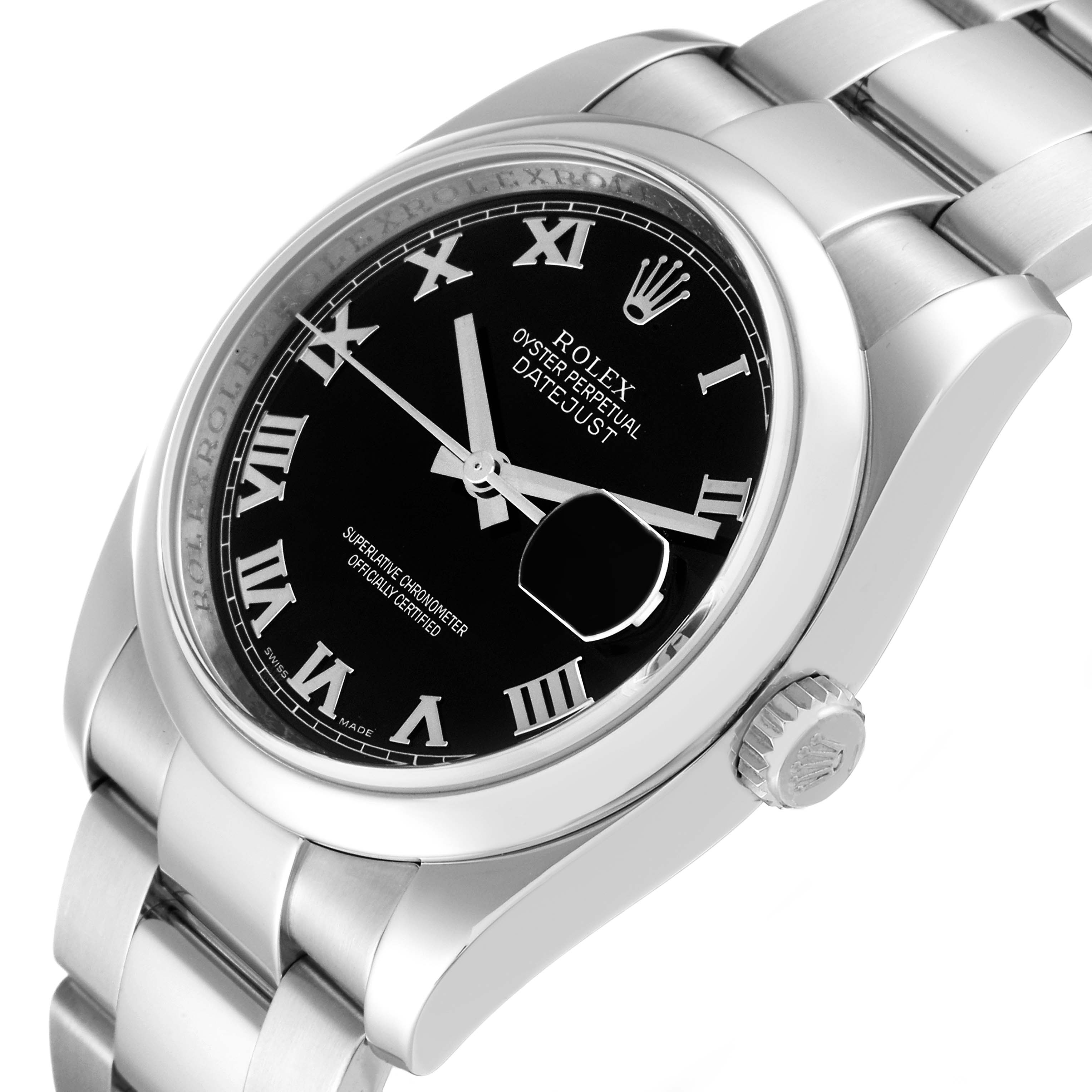 The Rolex Datejust 116200 Men's Stainless Steel Black Dial 116200 Men's Stainless Steel Black Dial watch is shown from a slightly tilted angle, highlighting its black dial, crown, and silver bracelet.