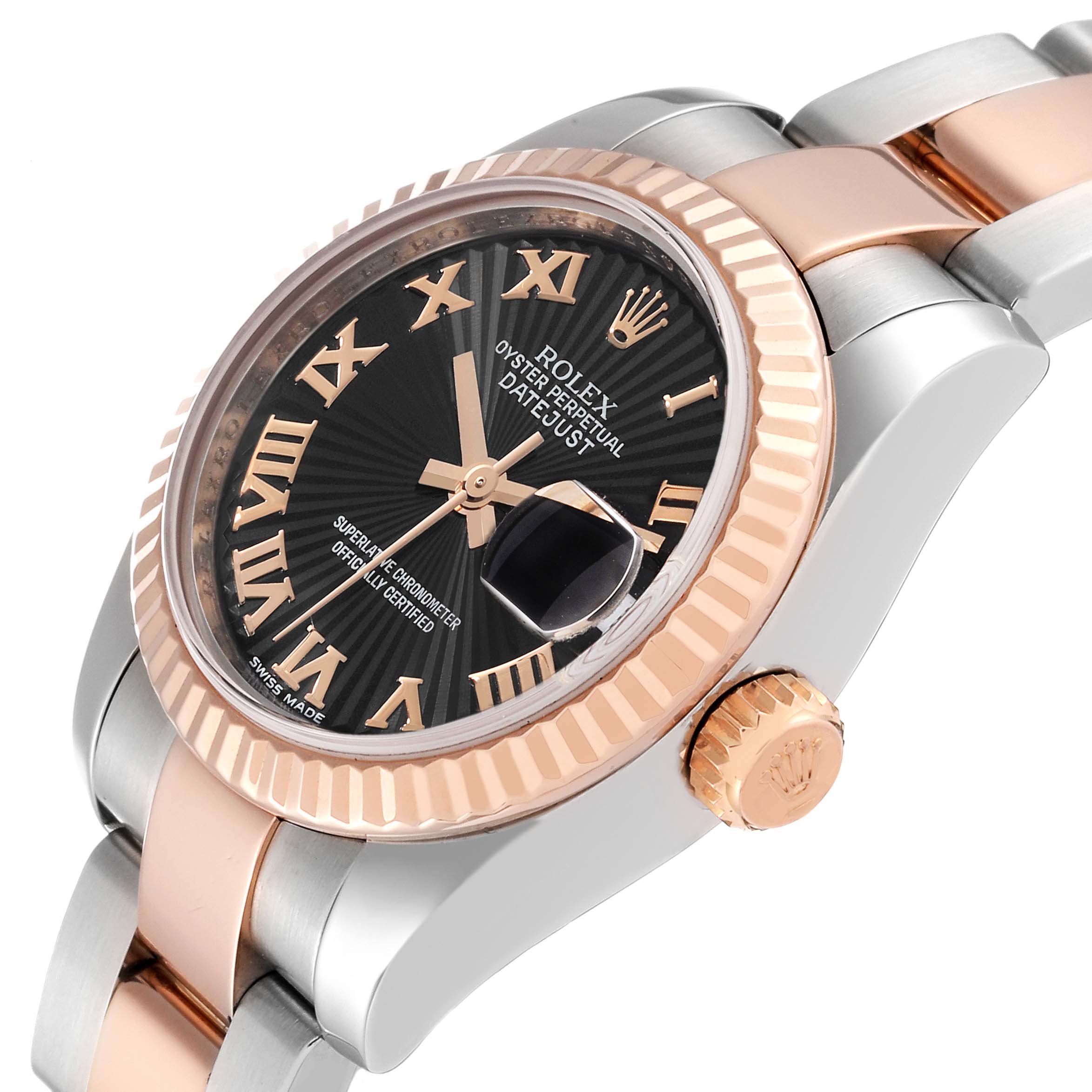 The image shows a close-up of the Rolex Datejust 179171 Women's Steel and Gold (two tone) Black Dial 179171 Women's Steel and Gold (two tone) Black Dial watch, highlighting the dial, bezel, case, crown, and part of the bracelet.