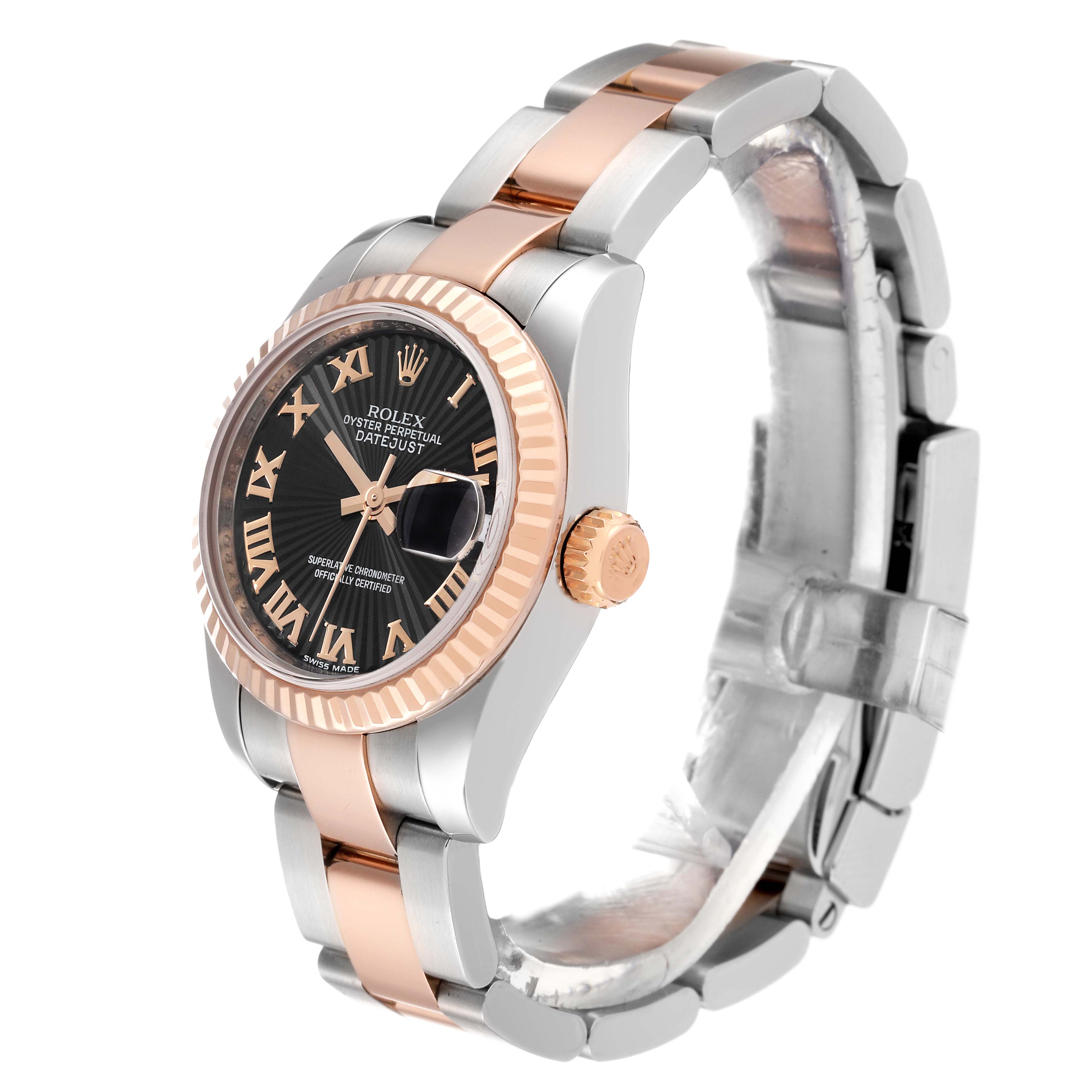 This image shows a Rolex Datejust 179171 Women's Steel and Gold (two tone) Black Dial 179171 Women's Steel and Gold (two tone) Black Dial watch from an angled side view, highlighting its two-toned bracelet, bezel, and crown.