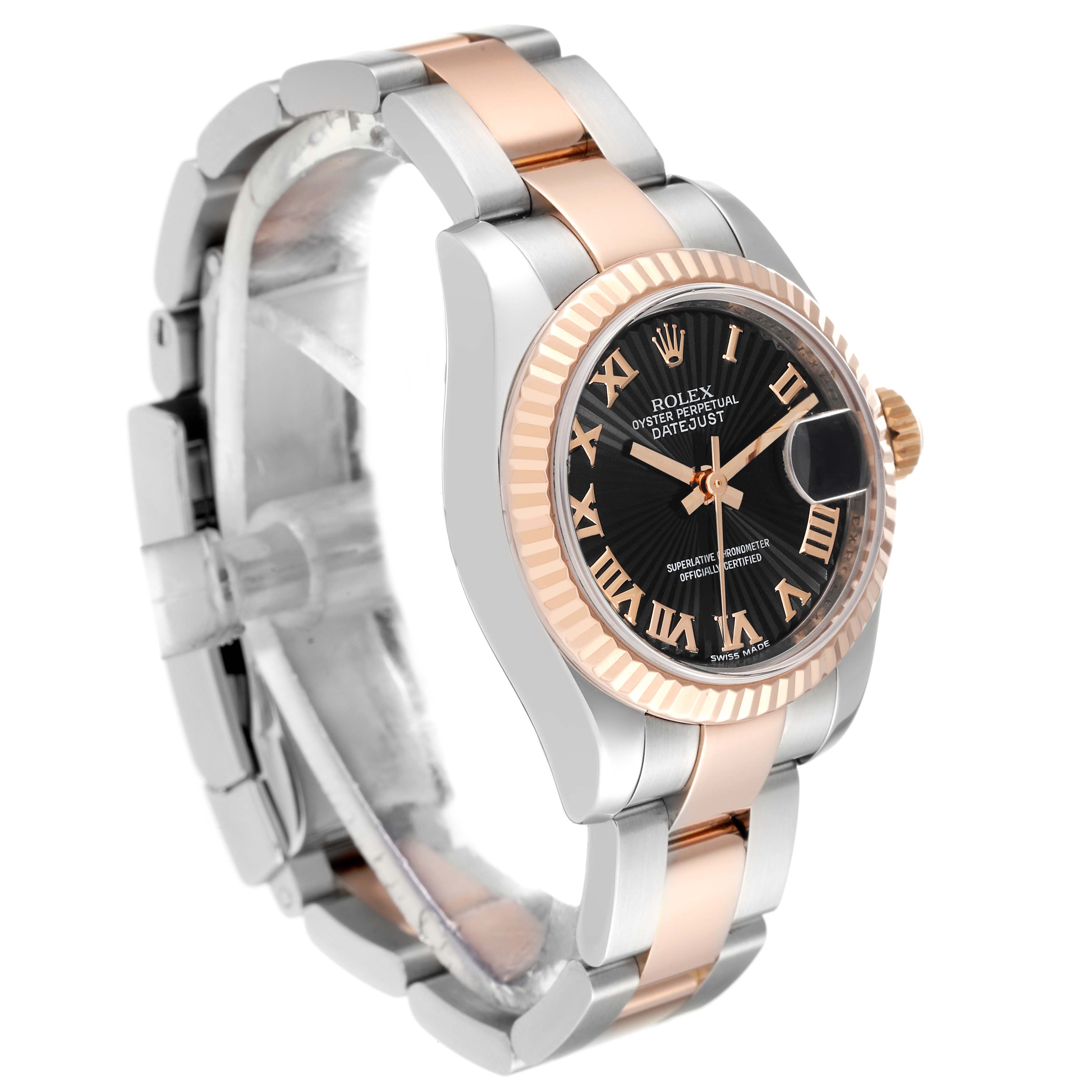 The image shows a Rolex Datejust 179171 Women's Steel and Gold (two tone) Black Dial 179171 Women's Steel and Gold (two tone) Black Dial watch at a three-quarter angle, highlighting the bracelet, bezel, and face.