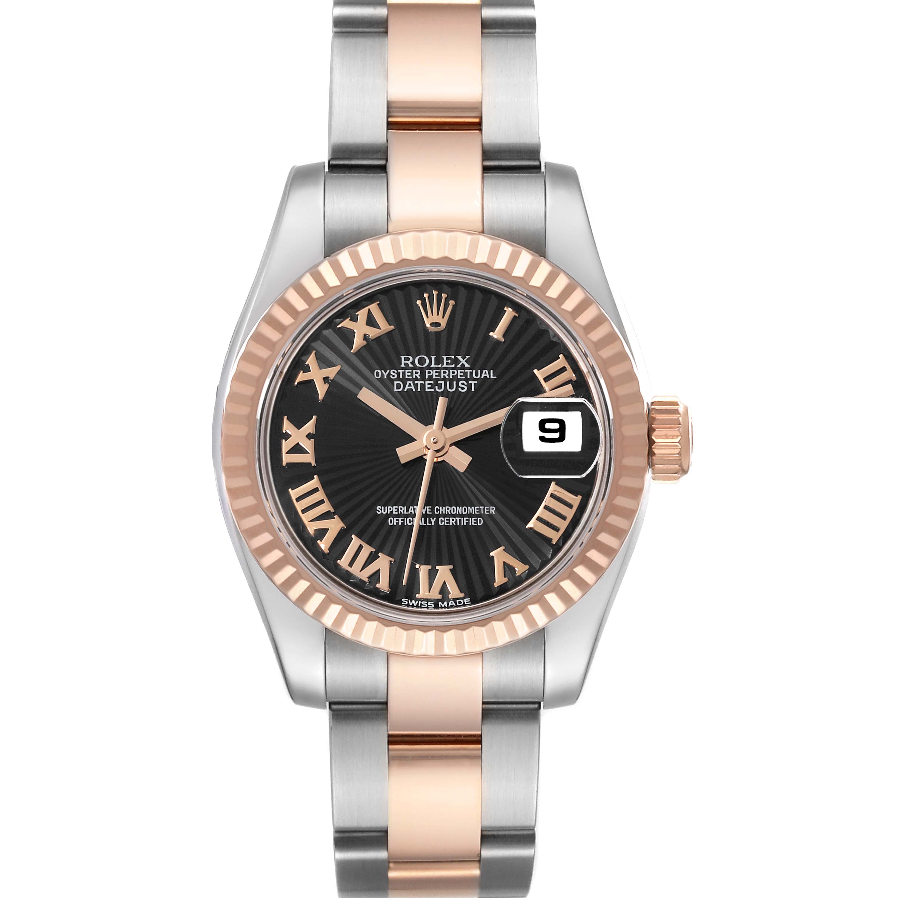 The image shows a front view of the Rolex Datejust 179171 Women's Steel and Gold (two tone) Black Dial 179171 Women's Steel and Gold (two tone) Black Dial watch featuring a two-tone bracelet and a fluted bezel.