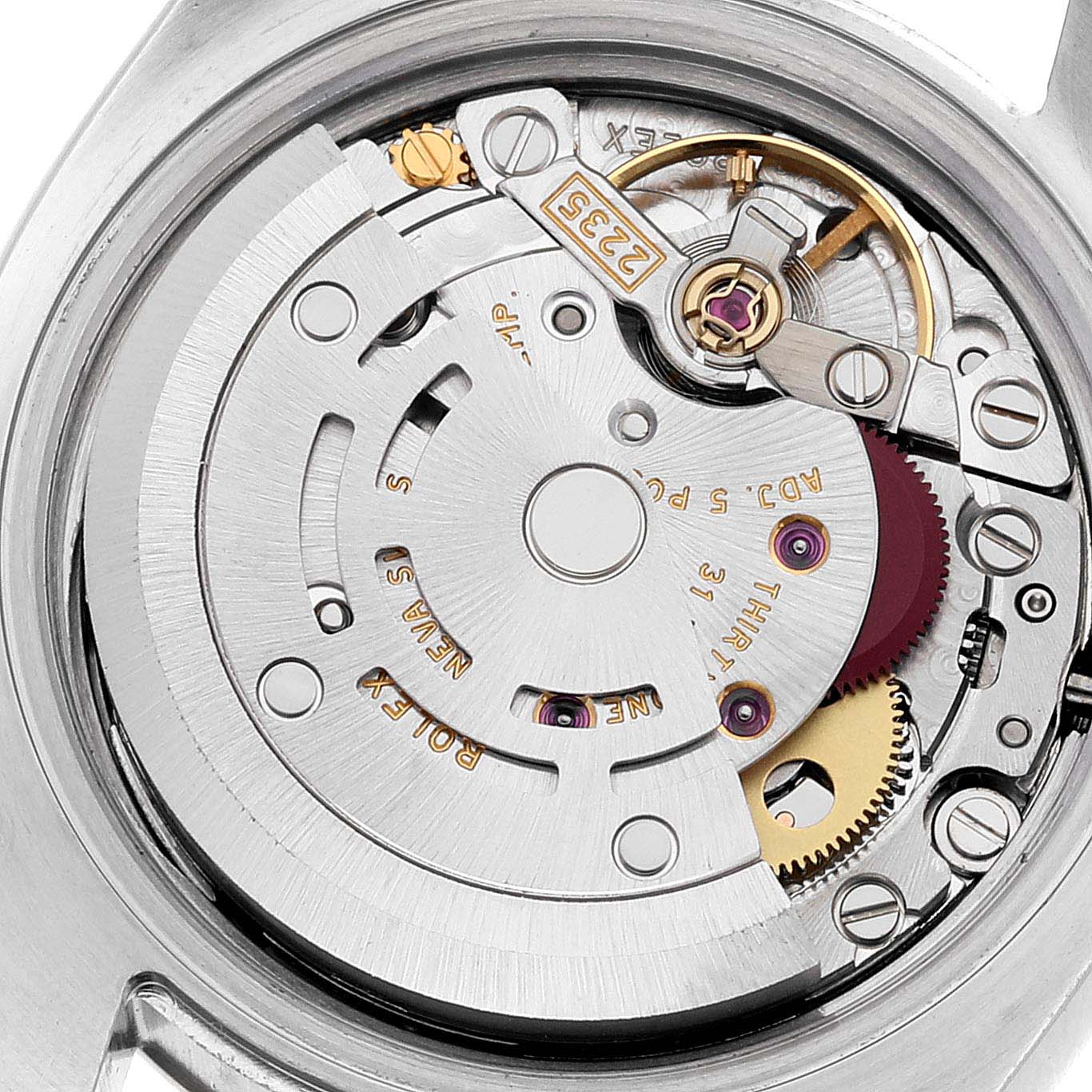 The image shows the inner mechanical components of a Rolex Datejust 179171 Women's Steel and Gold (two tone) Black Dial 179171 Women's Steel and Gold (two tone) Black Dial watch from a top-down angle.