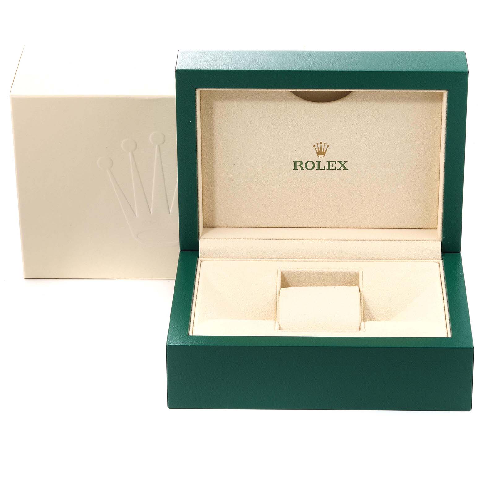 The image shows the opened box and packaging for a Rolex Datejust 179171 Women's Steel and Gold (two tone) Black Dial 179171 Women's Steel and Gold (two tone) Black Dial watch, featuring the iconic green and beige colors.