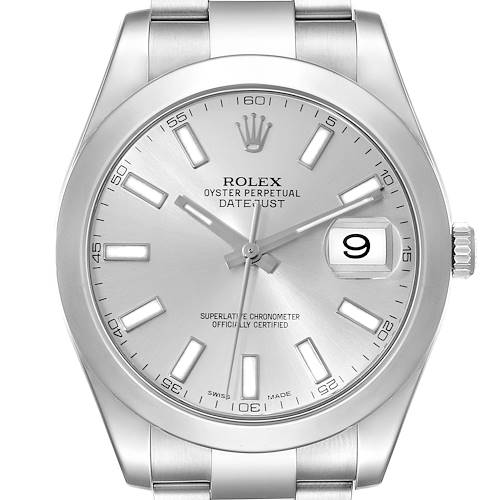 The Rolex Datejust 41 is shown from a front angle, highlighting the dial, bezel, crown, and bracelet.