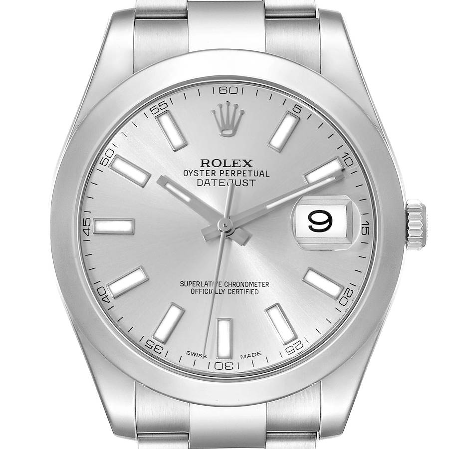 The Rolex Datejust 41 watch is shown from a front angle, highlighting the dial, hands, and date function.