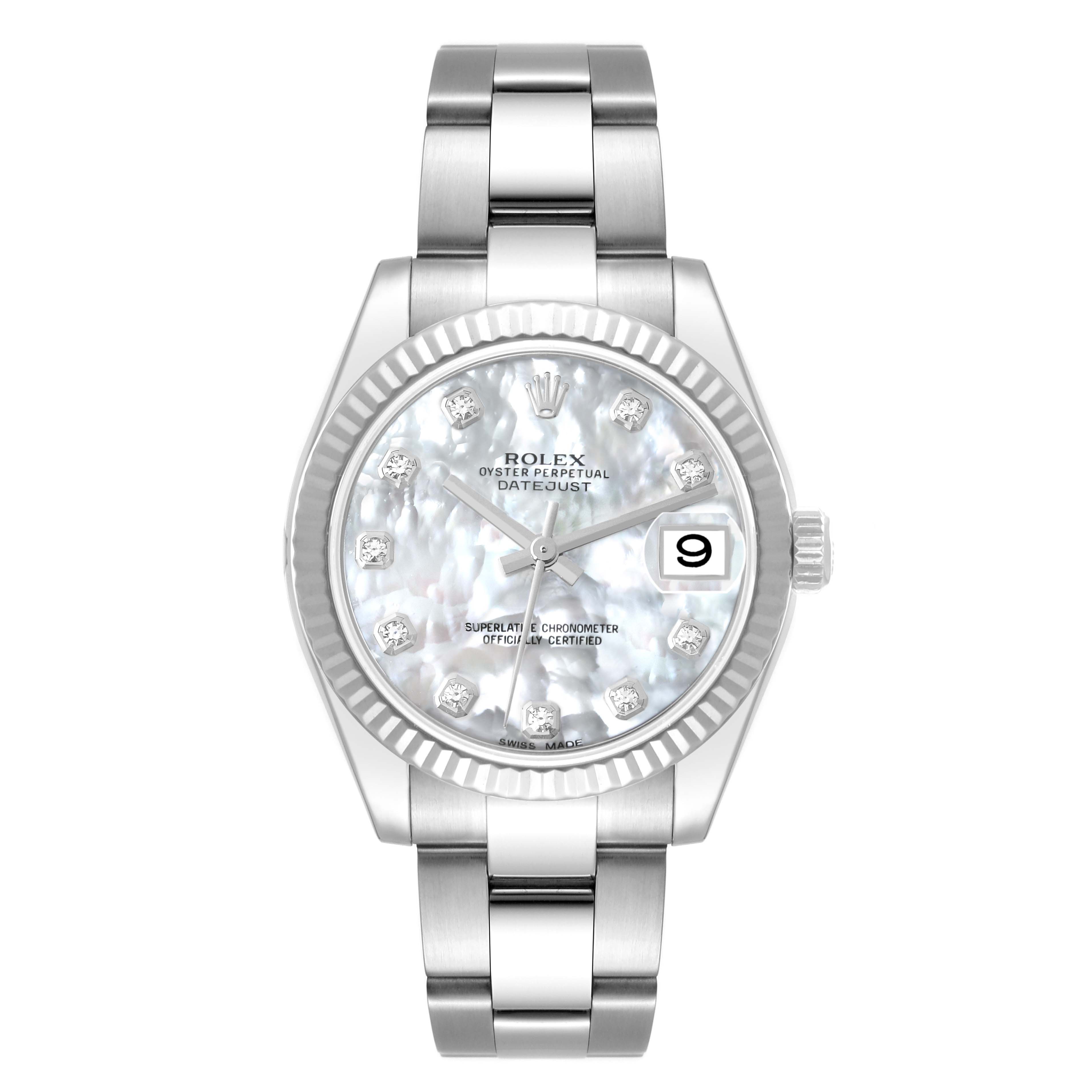 The image shows a front view of a Rolex Oyster Perpetual Datejust Mid-Size watch, displaying the dial, bezel, and part of the bracelet.