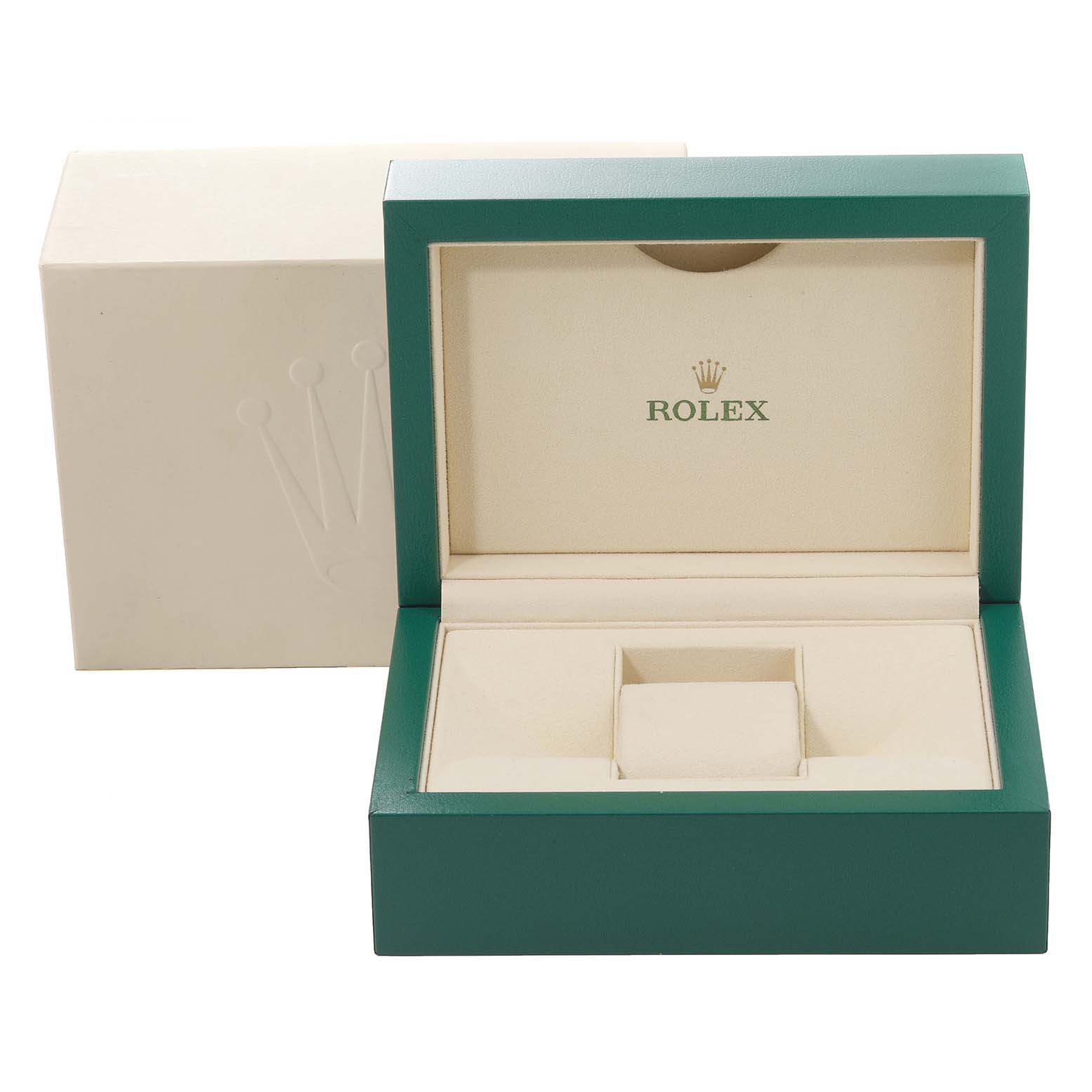 The image shows an open Rolex Mid-Size 178274 Women's Stainless Steel Mother of Pearl Dial 178274 Women's Stainless Steel Mother of Pearl Dial watch box and an outer cream-colored box from a straight-on angle.