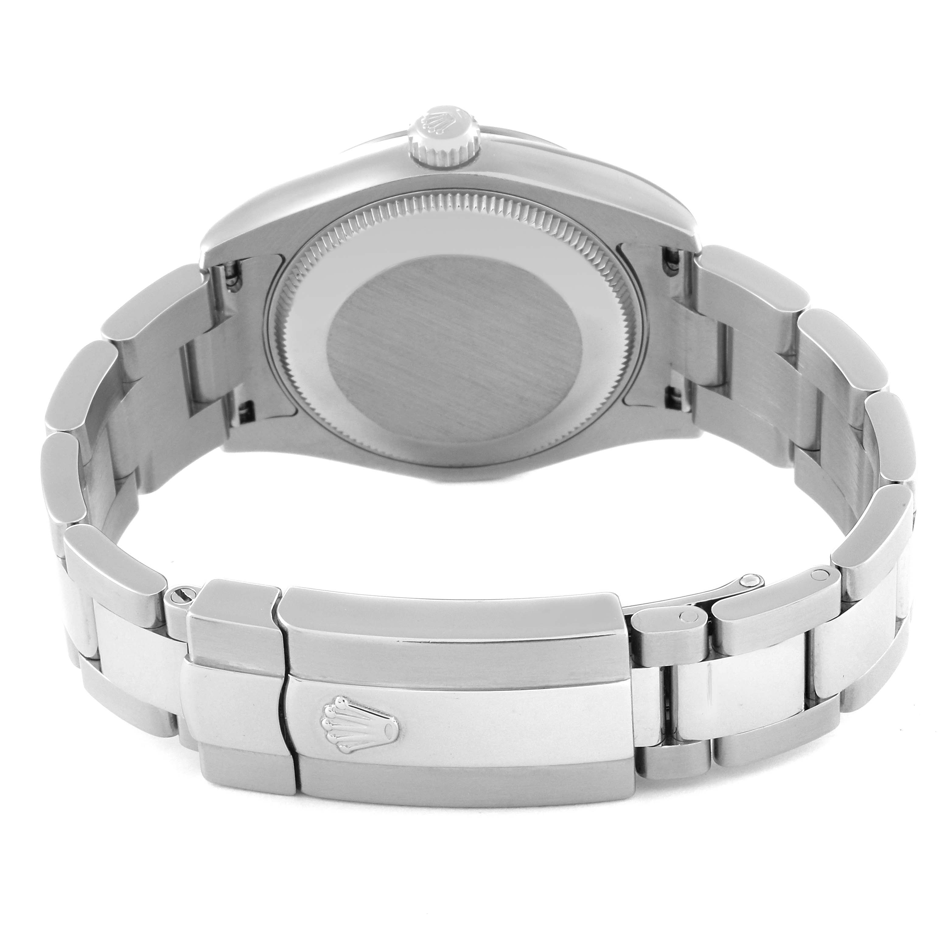 This image shows the back view of a Rolex Mid-Size 178274 Women's Stainless Steel Mother of Pearl Dial 178274 Women's Stainless Steel Mother of Pearl Dial watch, highlighting the closed clasp and stainless steel bracelet.