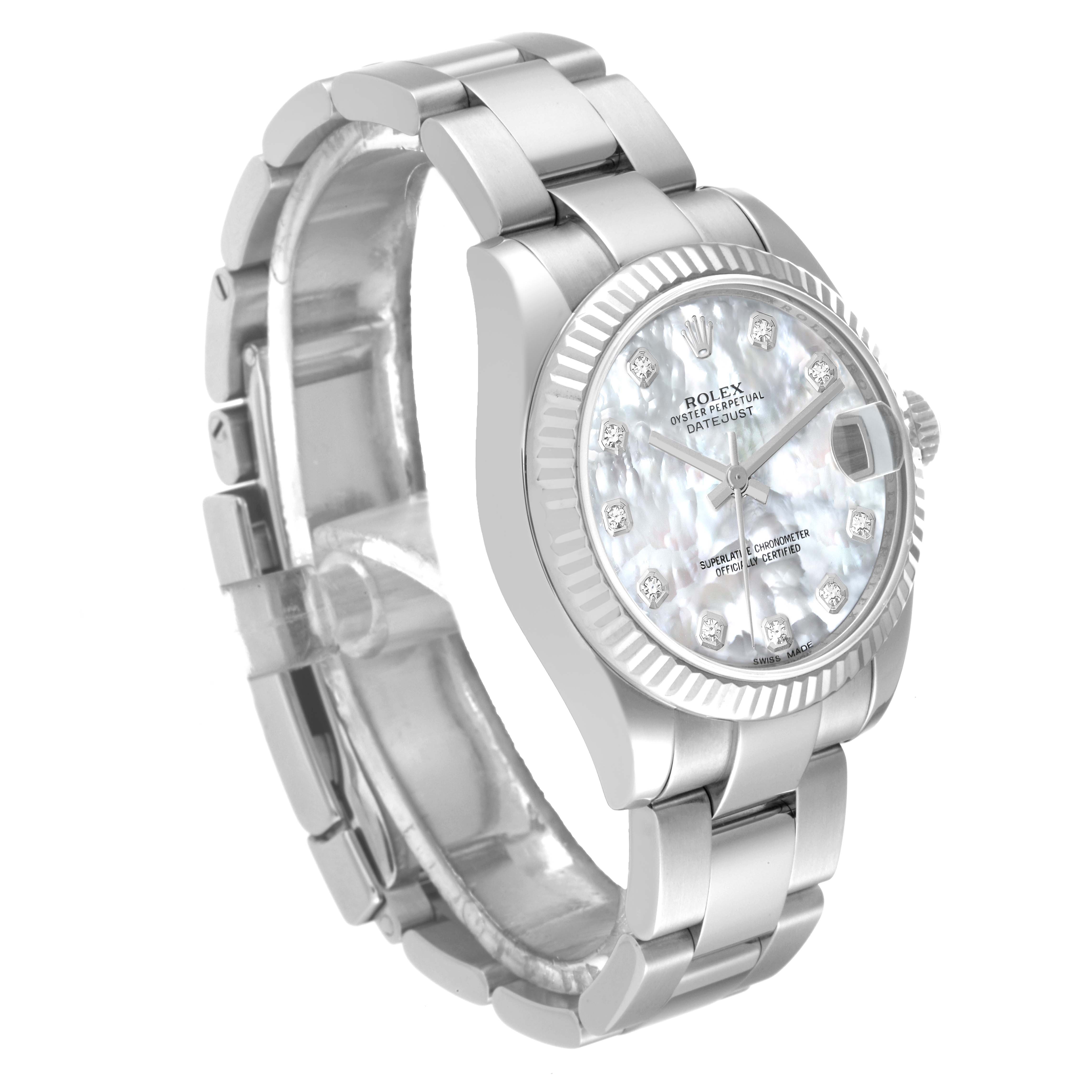 The image shows a mid-size Rolex Datejust watch at a 3/4 angle, highlighting the dial, bezel, case, and bracelet.