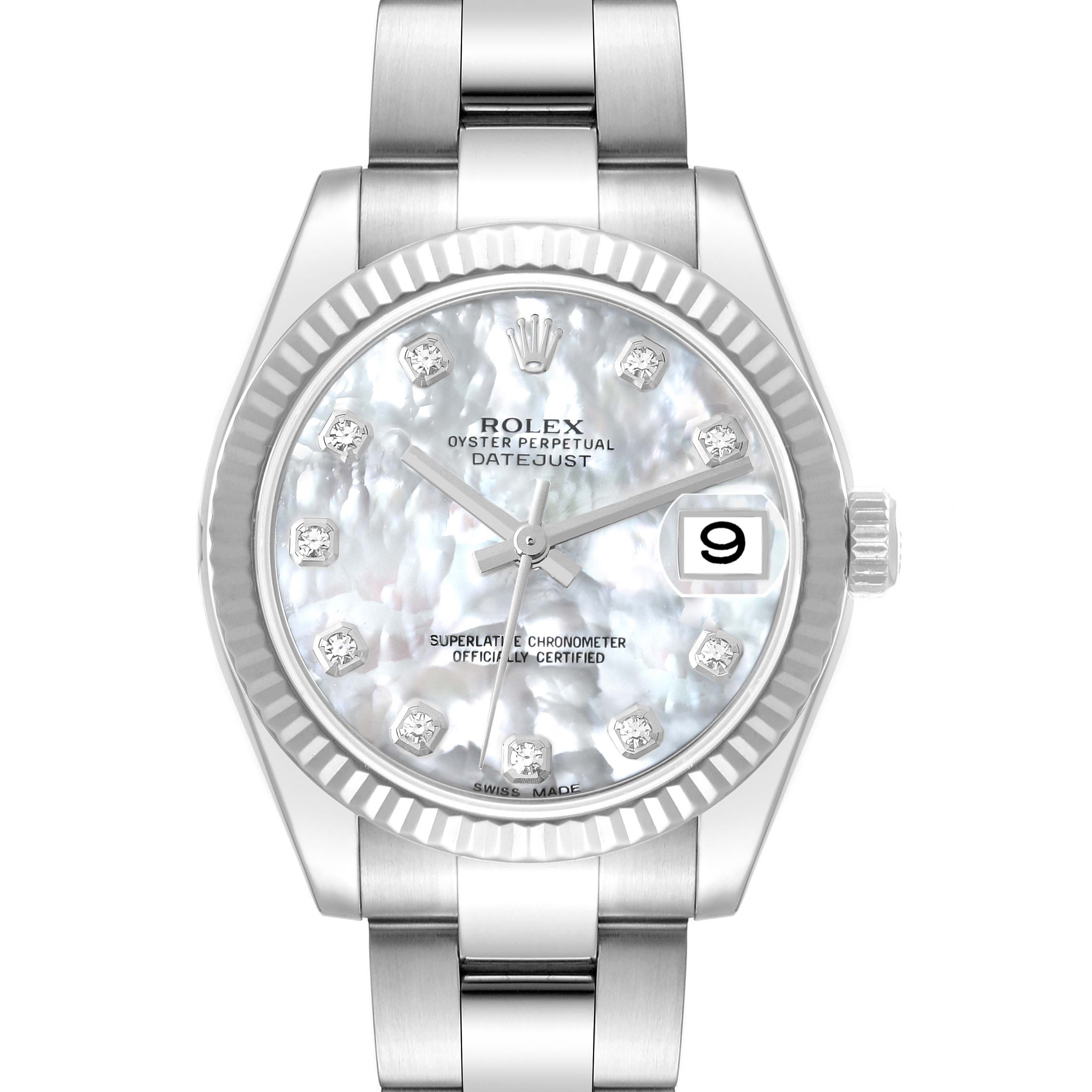 This Rolex Mid-Size 178274 Women's Stainless Steel Mother of Pearl Dial 178274 Women's Stainless Steel Mother of Pearl Dial Datejust watch is shown from a front angle, highlighting the dial, hands, and bracelet.