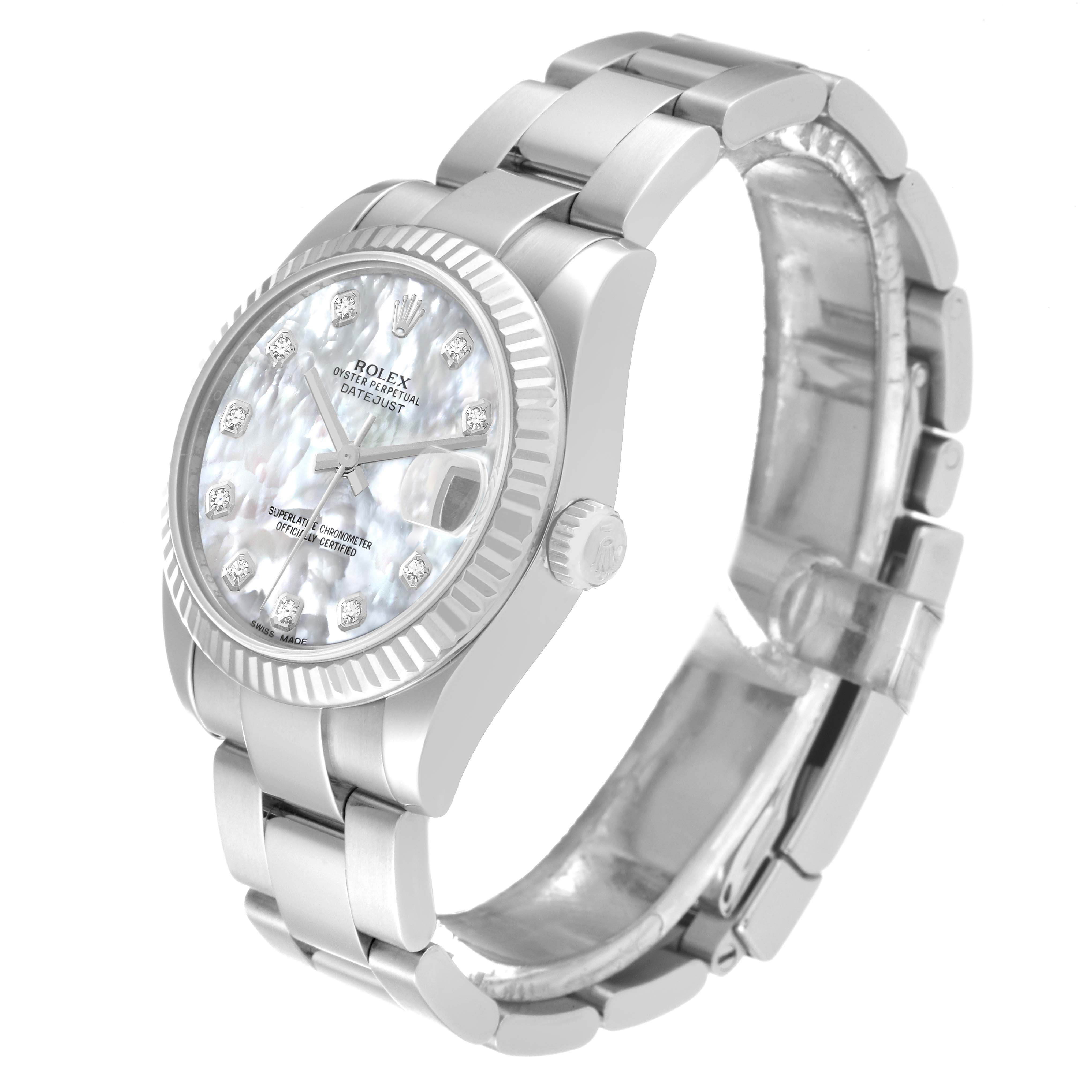 The Rolex Mid-Size 178274 Women's Stainless Steel Mother of Pearl Dial 178274 Women's Stainless Steel Mother of Pearl Dial model watch is shown at a 3/4 angle, highlighting its band, crown, and face.