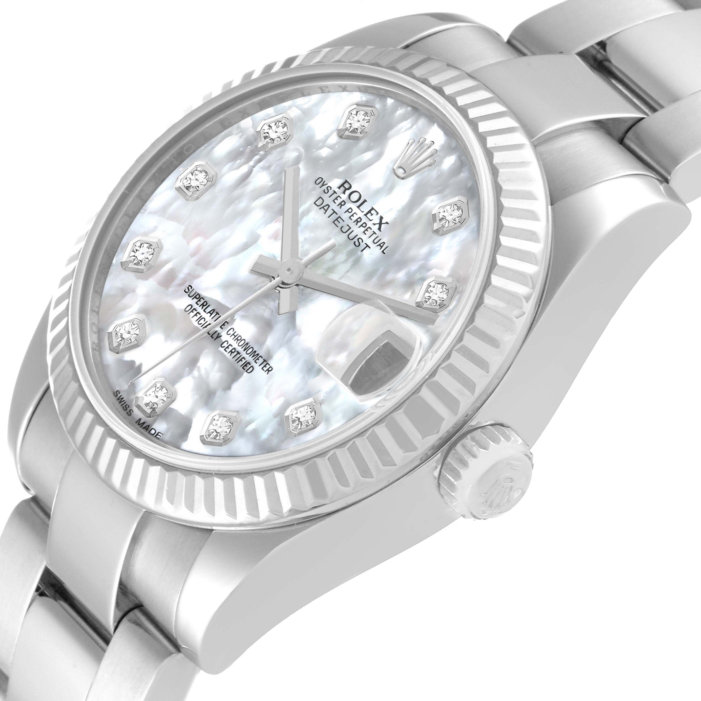 The image shows a side angle of the Rolex Mid-Size 178274 Women's Stainless Steel Mother of Pearl Dial 178274 Women's Stainless Steel Mother of Pearl Dial Oyster Perpetual Datejust, highlighting the dial, bracelet, bezel, and crown.