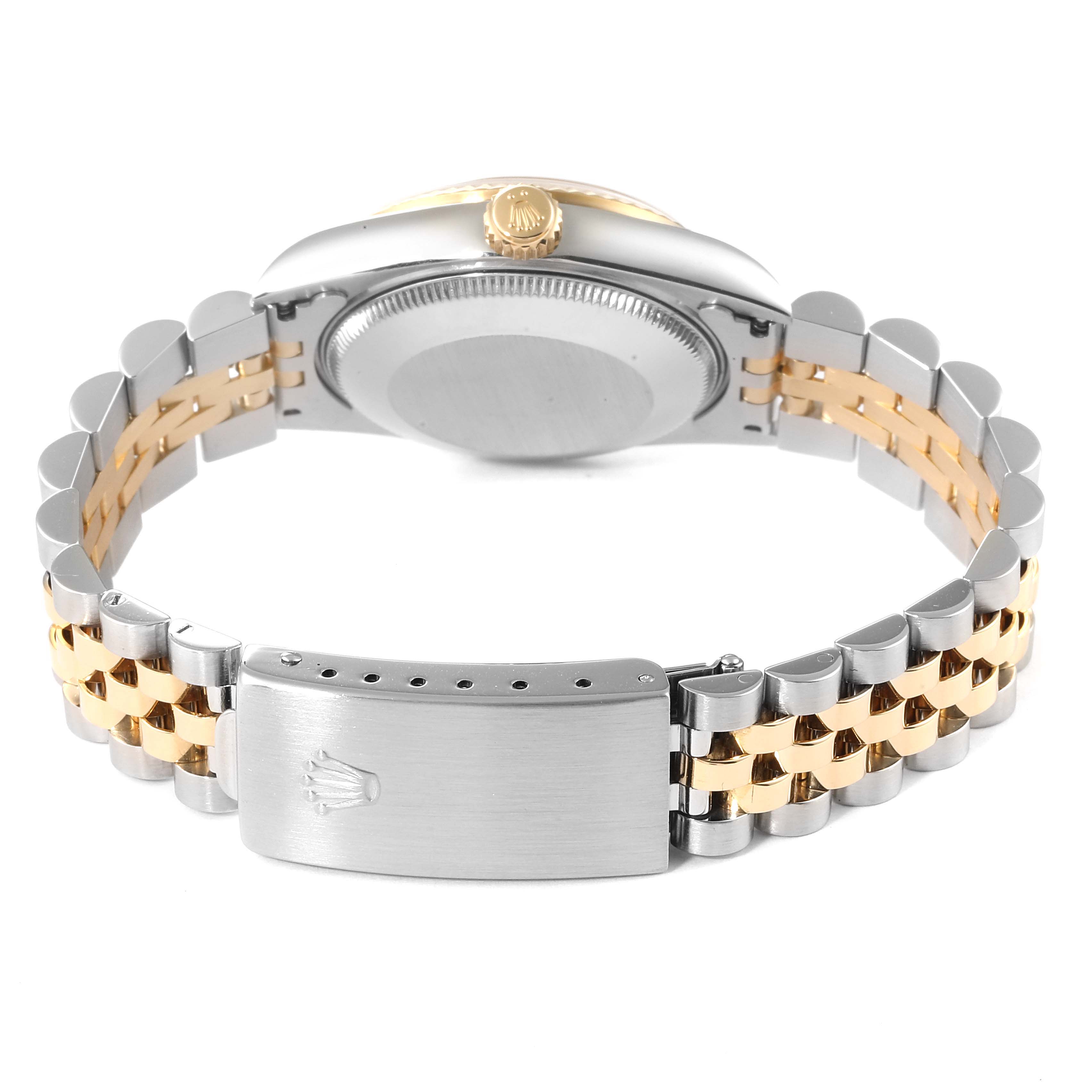 This image shows the back view of a Mid-Size Rolex watch, highlighting the clasp and part of the bracelet.