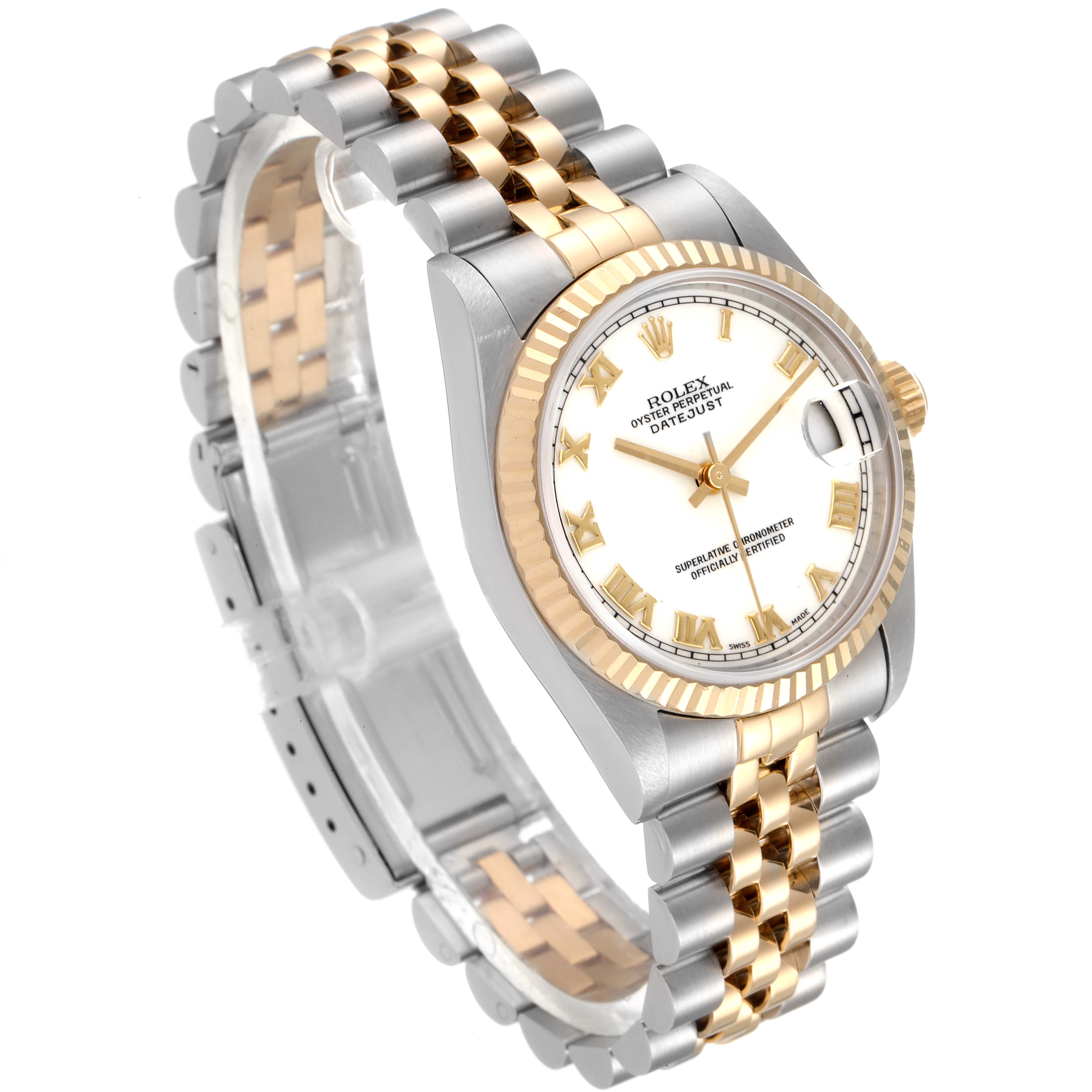 The image shows a Rolex Mid-Size 68273 Women
s Steel and Gold (two tone) White Dial 68273 Women
s Steel and Gold (two tone) White Dial Datejust watch at an angled view, displaying the dial, bracelet, bezel, and crown.