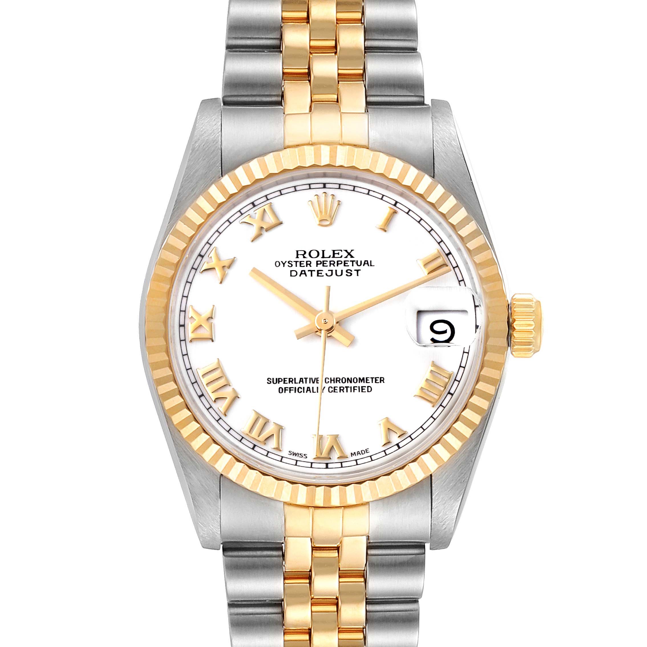 The Rolex Mid-Size 68273 Women
s Steel and Gold (two tone) White Dial 68273 Women
s Steel and Gold (two tone) White Dial Datejust is shown from a top-down angle, revealing the face, bezel, and part of the bracelet.