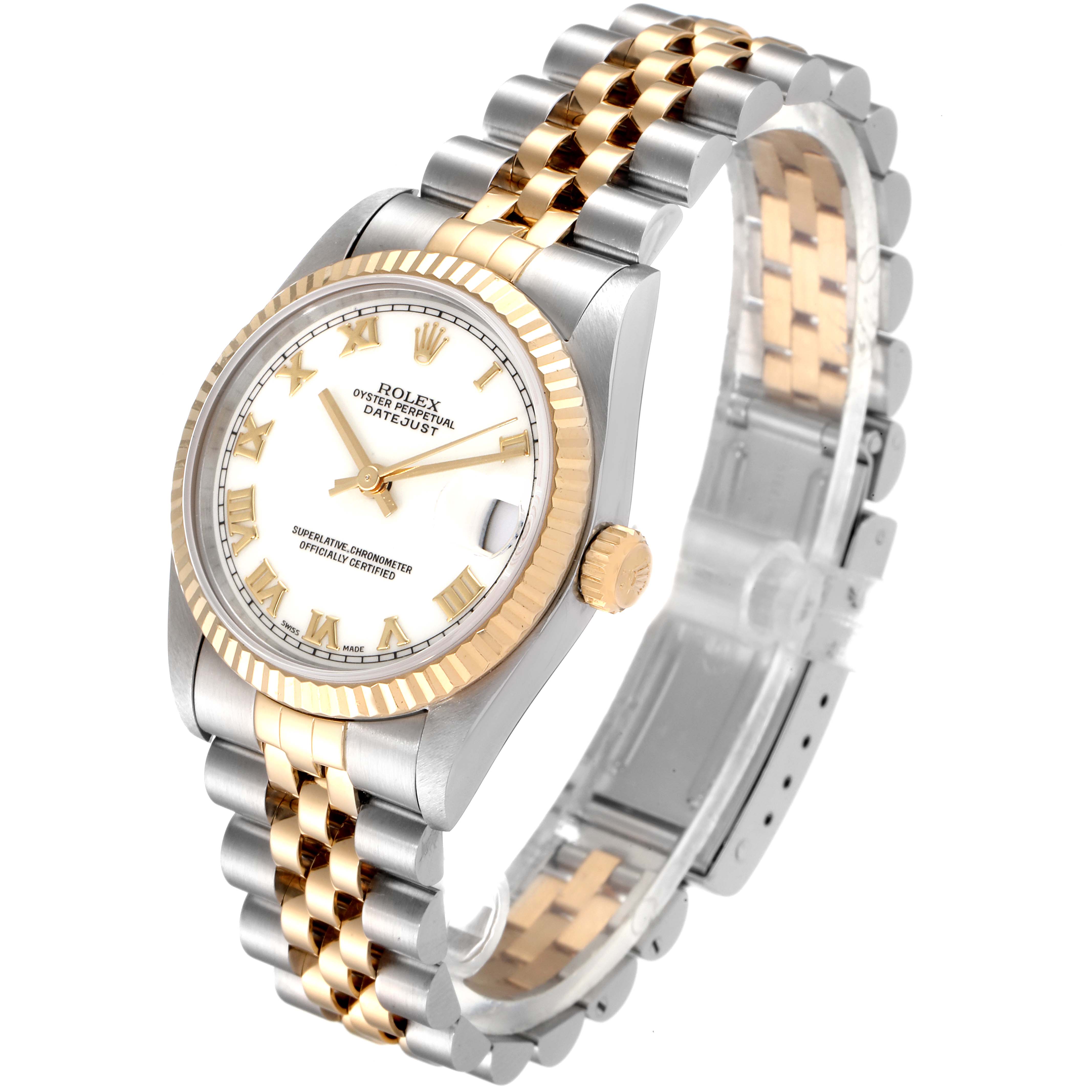The image shows a Rolex Mid-Size 68273 Women
s Steel and Gold (two tone) White Dial 68273 Women
s Steel and Gold (two tone) White Dial Datejust watch at a three-quarter angle, highlighting the face, bezel, and two-tone bracelet.