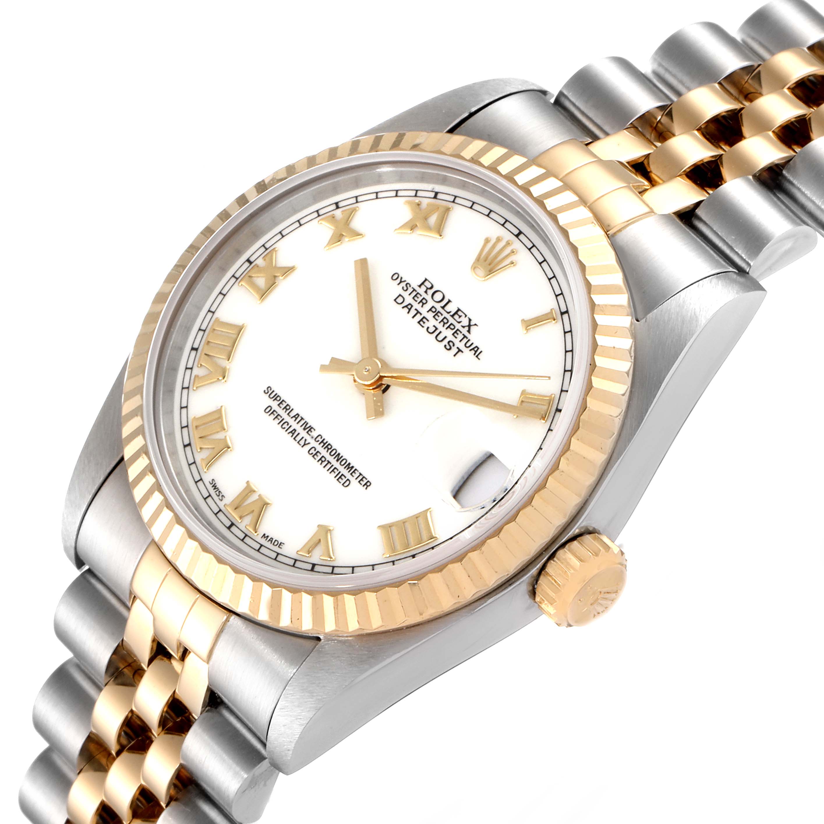This image shows a Rolex Datejust Mid-Size watch at an angled view, highlighting the bezel, dial, crown, and bracelet.