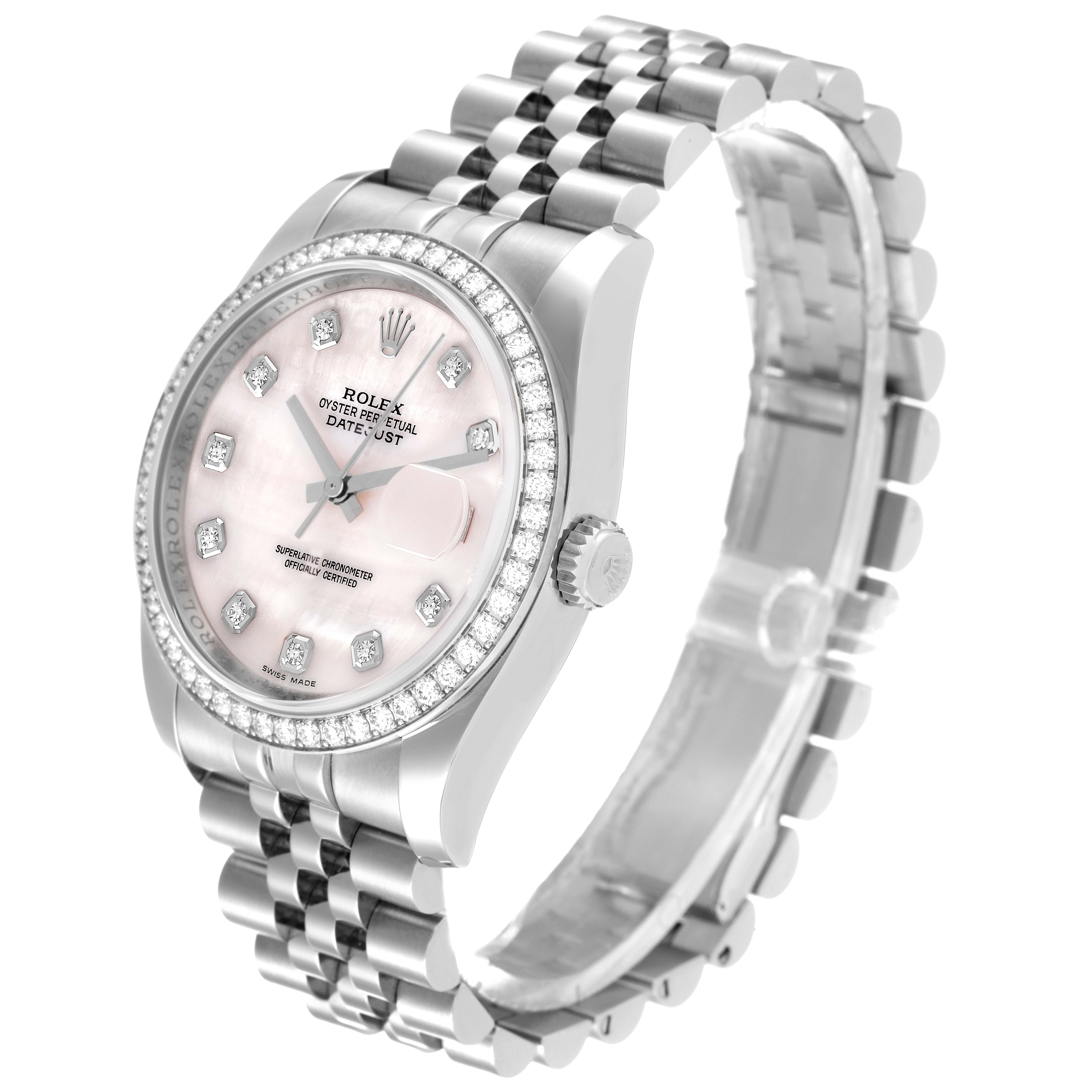 The image shows a side angle of a Rolex Datejust 116244 Men's Stainless Steel Mother of Pearl Dial 116244 Men's Stainless Steel Mother of Pearl Dial watch, highlighting its pink dial, diamond bezel, and Jubilee bracelet.