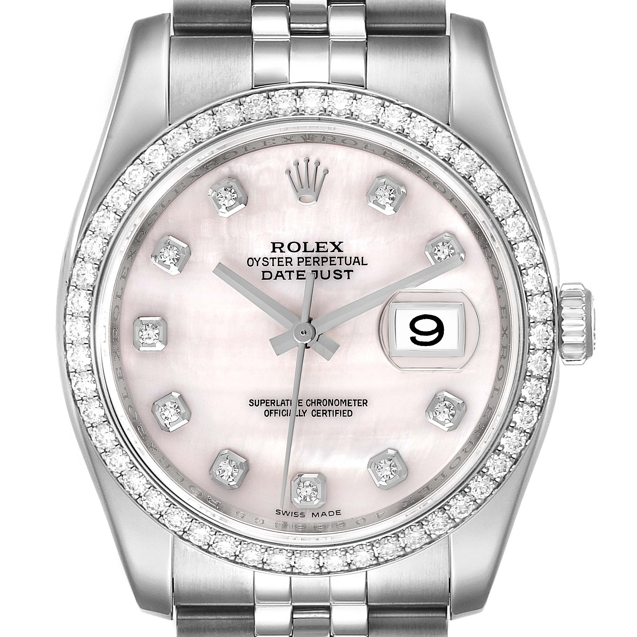 This image shows a frontal view of a Rolex Datejust 116244 Men's Stainless Steel Mother of Pearl Dial 116244 Men's Stainless Steel Mother of Pearl Dial watch, highlighting its dial, bezel, crown, and bracelet.
