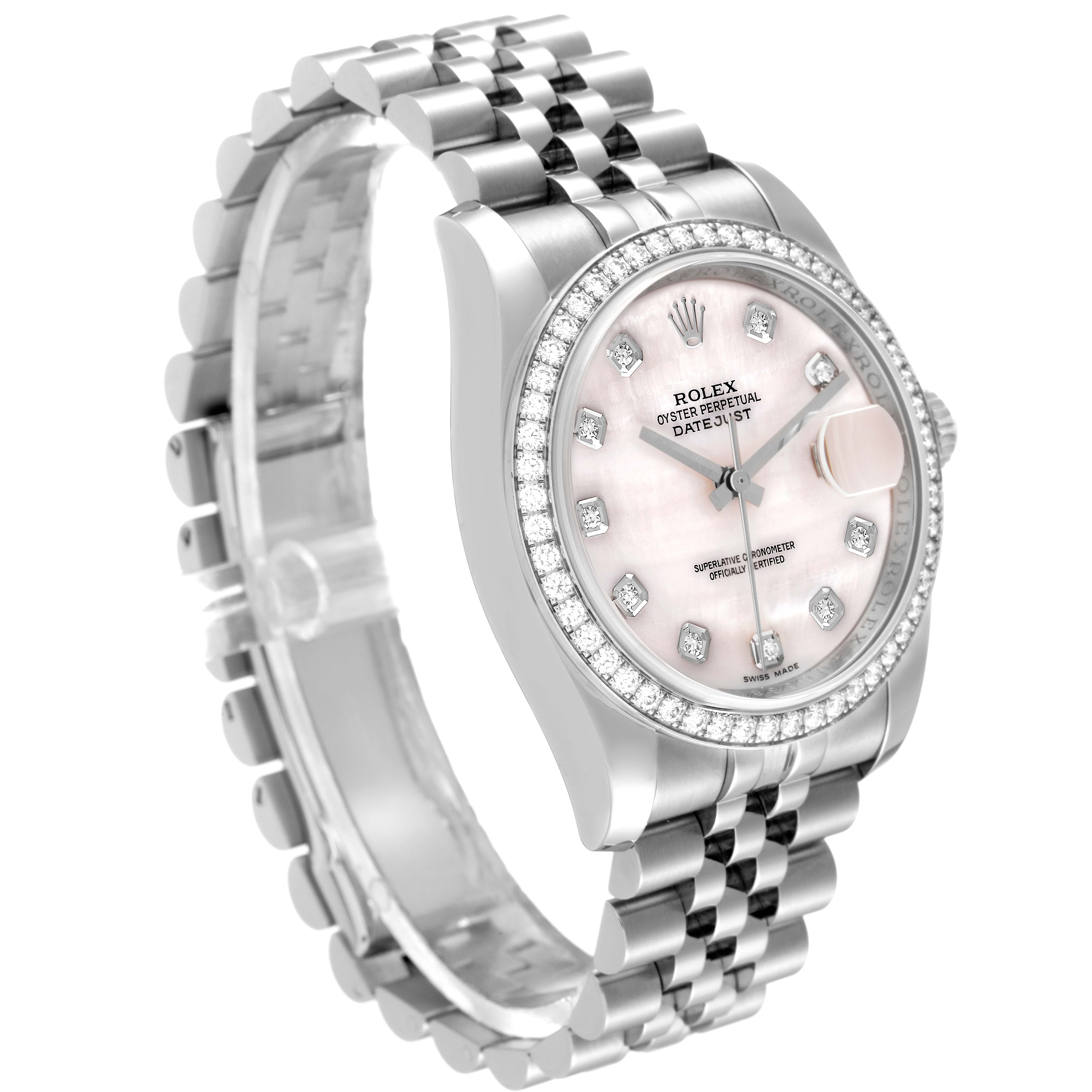 This image shows a Rolex Datejust 116244 Men's Stainless Steel Mother of Pearl Dial 116244 Men's Stainless Steel Mother of Pearl Dial watch from a left-side angle, featuring the dial, bezel, and bracelet.