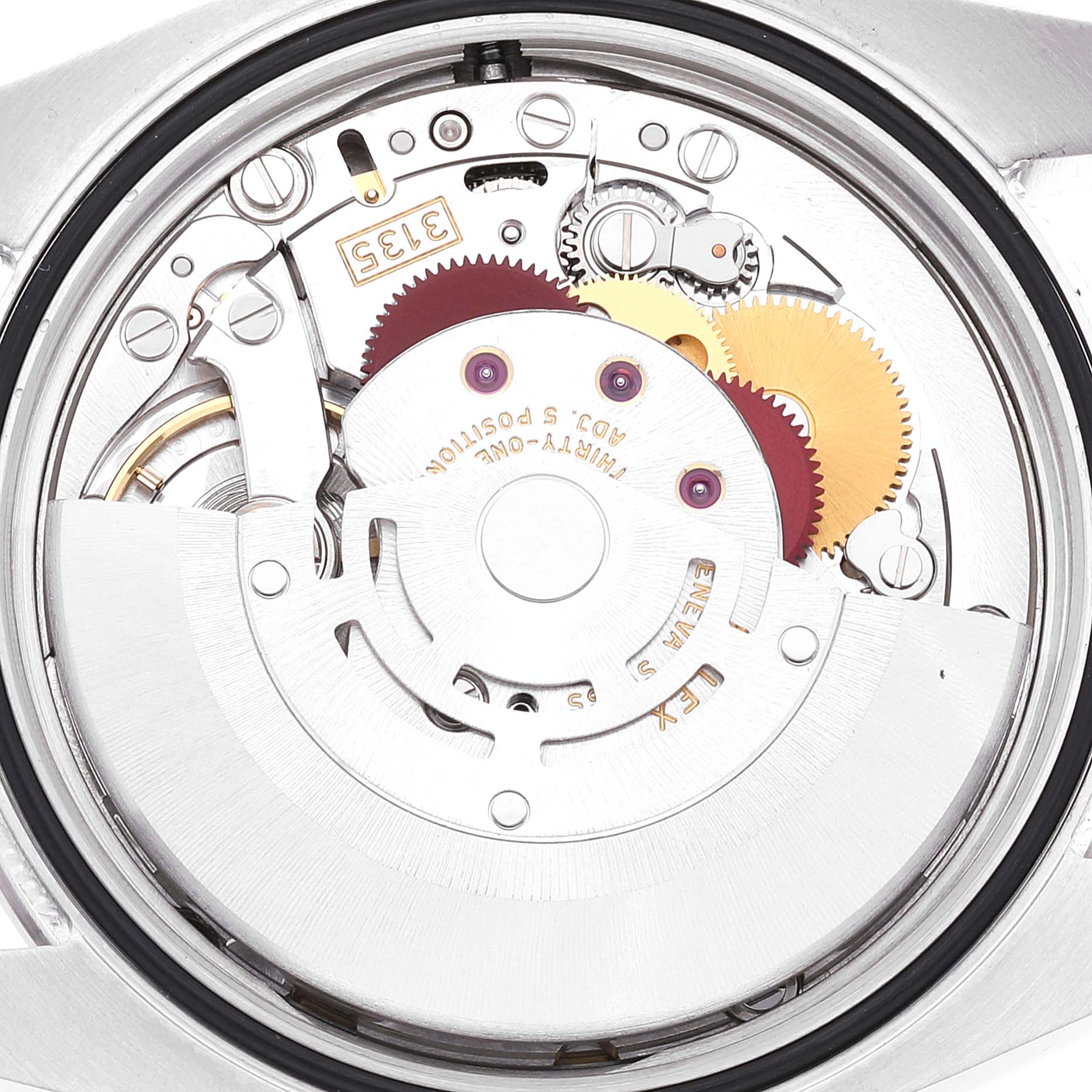 This image shows the internal mechanism of a Rolex Datejust 116244 Men's Stainless Steel Mother of Pearl Dial 116244 Men's Stainless Steel Mother of Pearl Dial watch viewed from the back case.