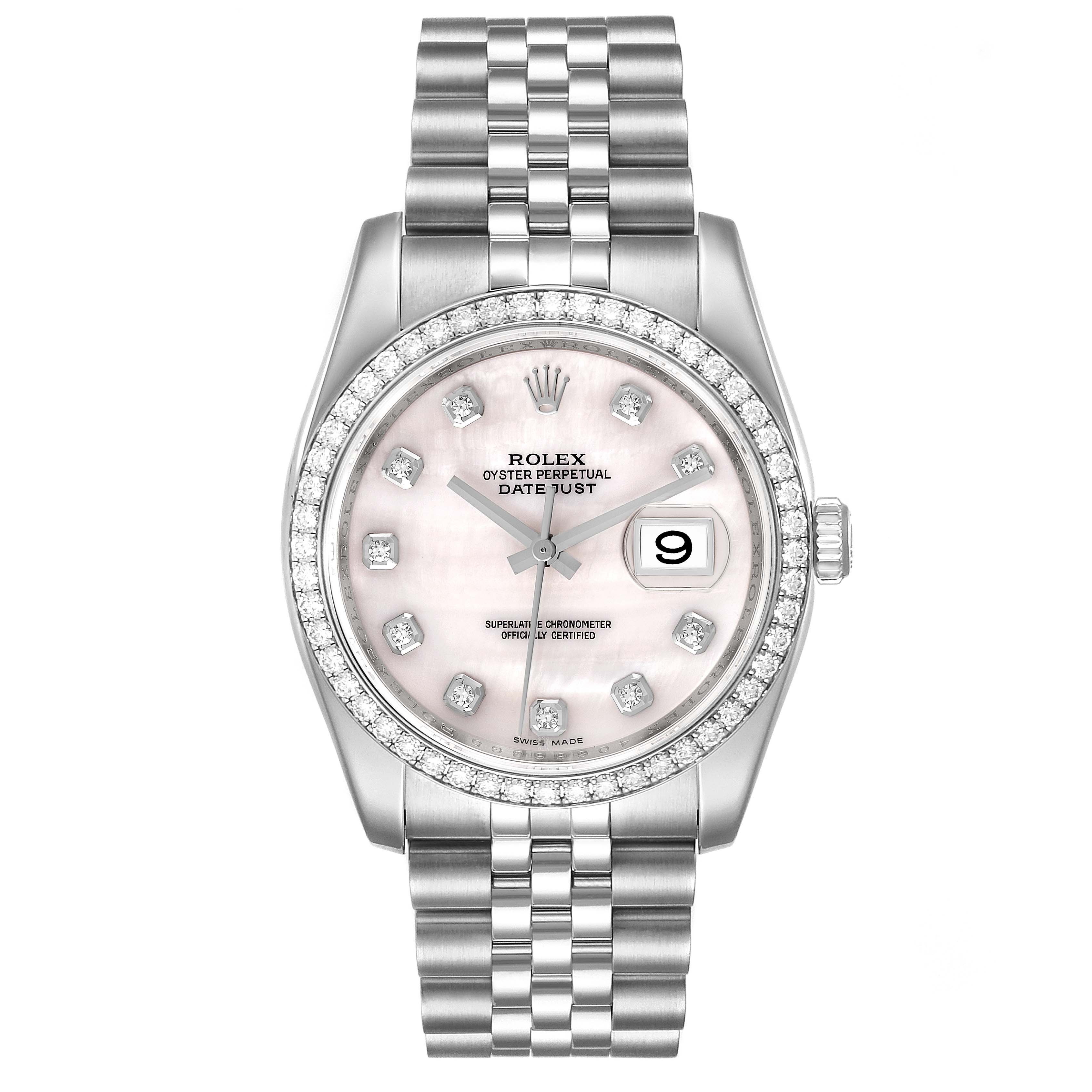 The image shows a front view of a Rolex Datejust 116244 Men's Stainless Steel Mother of Pearl Dial 116244 Men's Stainless Steel Mother of Pearl Dial watch, displaying the dial, bezel, bracelet, and date window.
