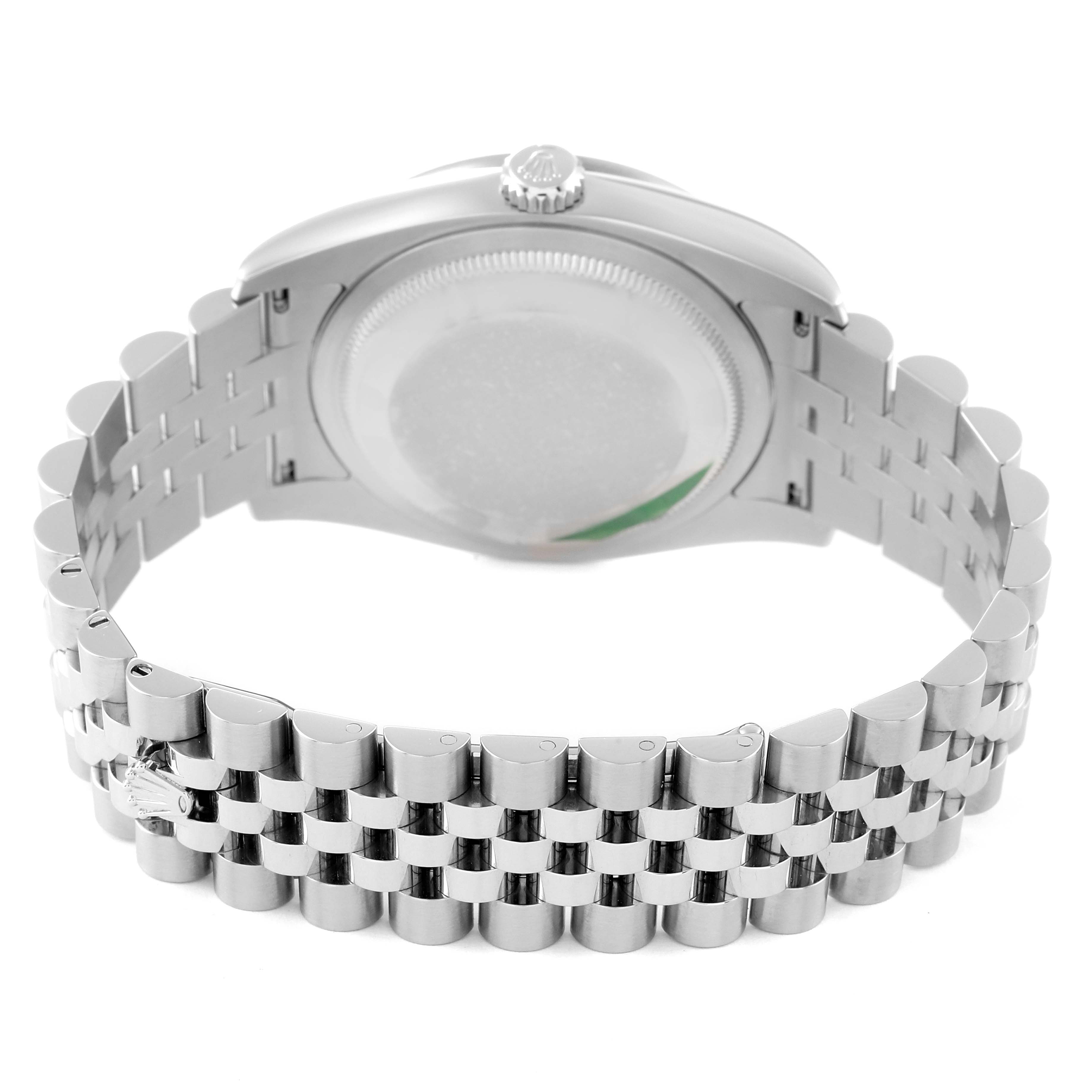 The image shows the back view of a Rolex Datejust 116244 Men's Stainless Steel Mother of Pearl Dial 116244 Men's Stainless Steel Mother of Pearl Dial watch, highlighting the bracelet and case back.