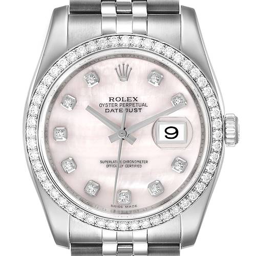 Photo of Rolex Datejust Mother of Pearl Diamond Steel Mens Watch 116244 Box Card