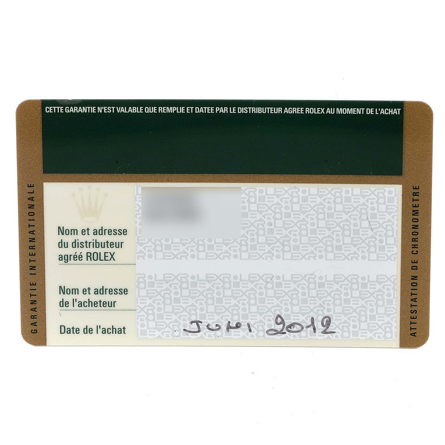 This image shows the warranty card for a Rolex Datejust 179171 Women's Steel and Gold (two tone) Mother of Pearl Dial 179171 Women's Steel and Gold (two tone) Mother of Pearl Dial, including distributor and purchaser information, and date of purchase.