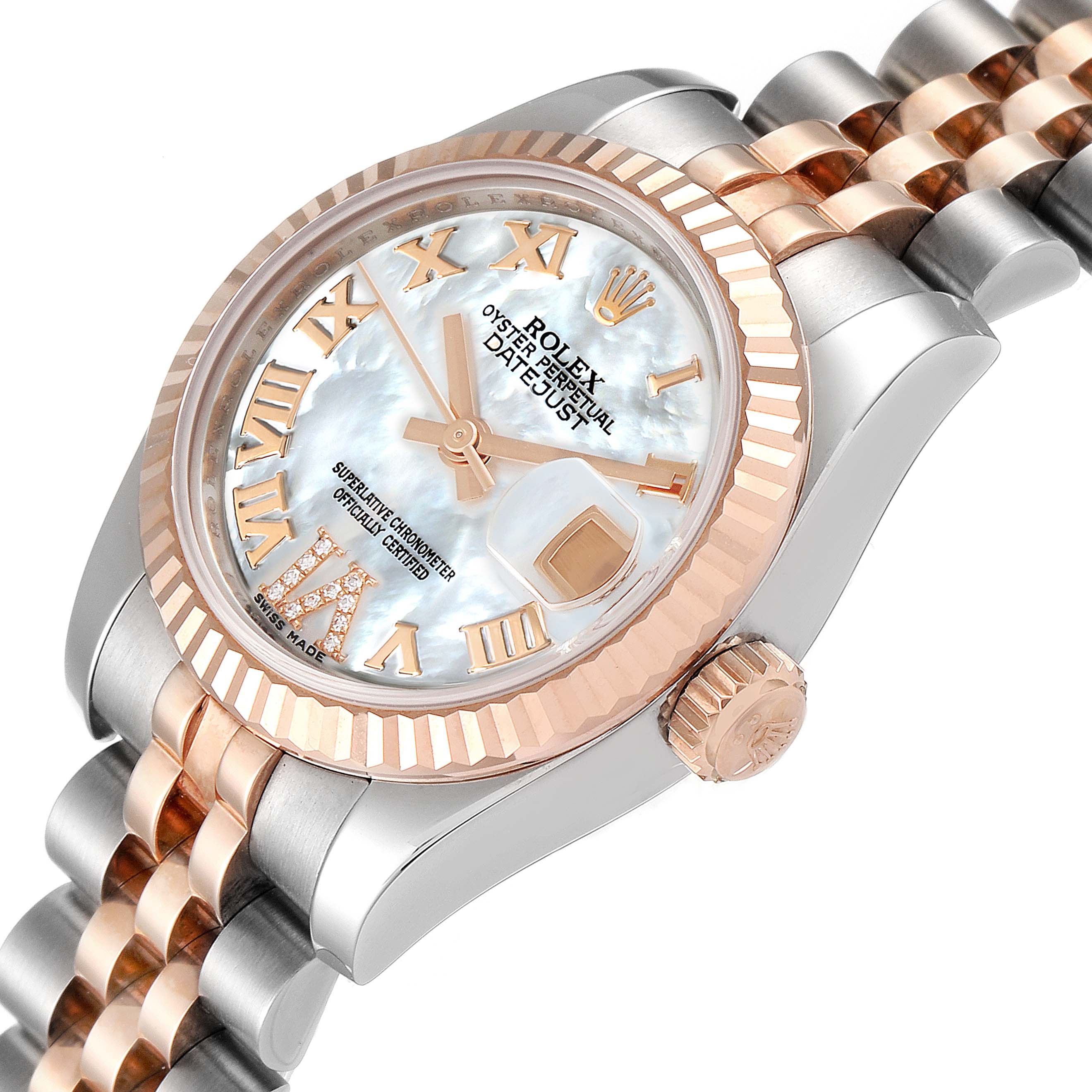 The image shows a close-up side angle of a Rolex Datejust 179171 Women's Steel and Gold (two tone) Mother of Pearl Dial 179171 Women's Steel and Gold (two tone) Mother of Pearl Dial watch, highlighting its dial, bezel, crown, and bracelet.