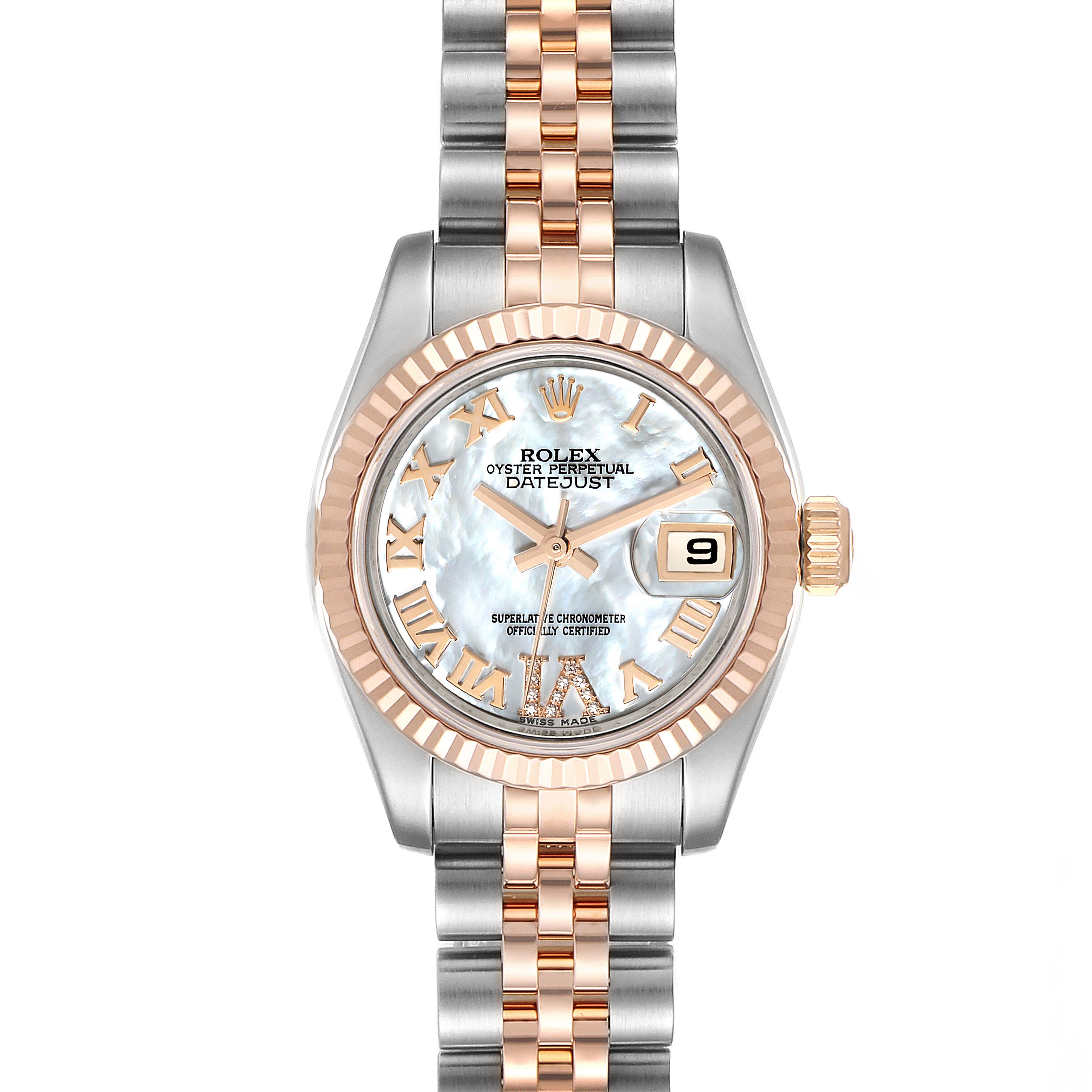 The image shows a front view of the Rolex Datejust 179171 Women's Steel and Gold (two tone) Mother of Pearl Dial 179171 Women's Steel and Gold (two tone) Mother of Pearl Dial watch, displaying the face, bezel, crown, and part of the bracelet.