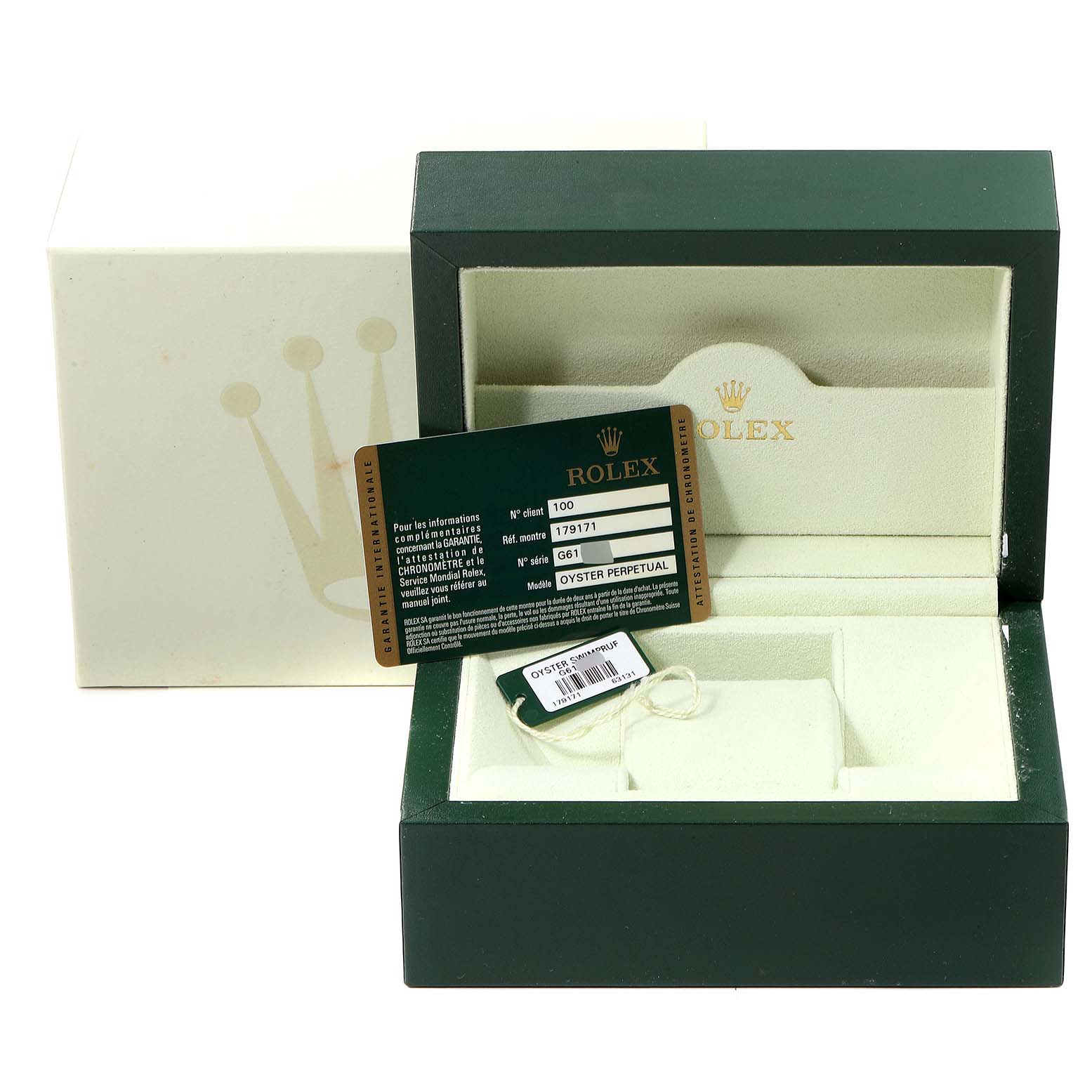 This image shows the packaging, guarantee card, and tag for a Rolex Datejust 179171 Women's Steel and Gold (two tone) Mother of Pearl Dial 179171 Women's Steel and Gold (two tone) Mother of Pearl Dial watch, with an open box at an angle.