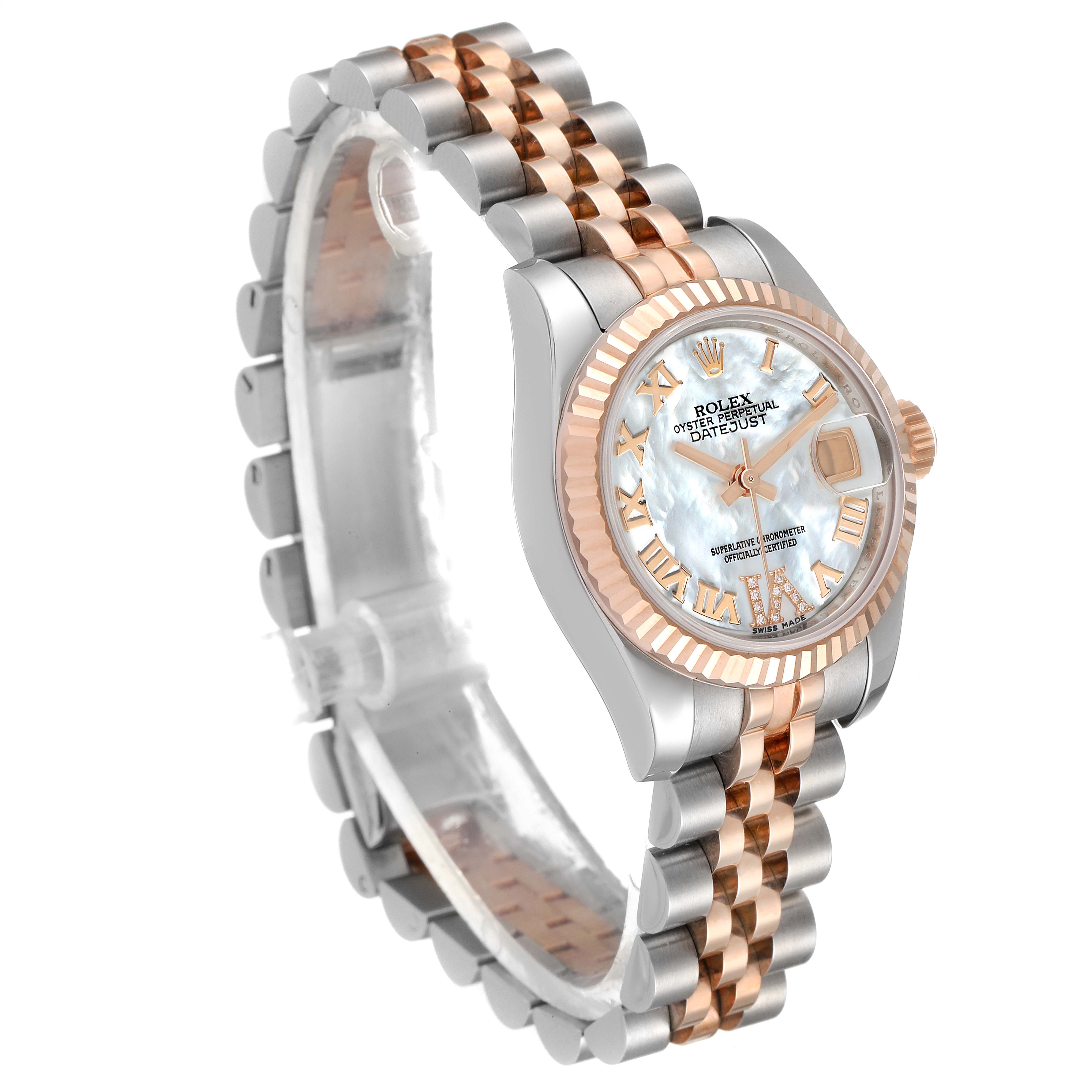 The image shows a Rolex Datejust 179171 Women's Steel and Gold (two tone) Mother of Pearl Dial 179171 Women's Steel and Gold (two tone) Mother of Pearl Dial watch at an angle, highlighting the face, bezel, and bicolored bracelet.
