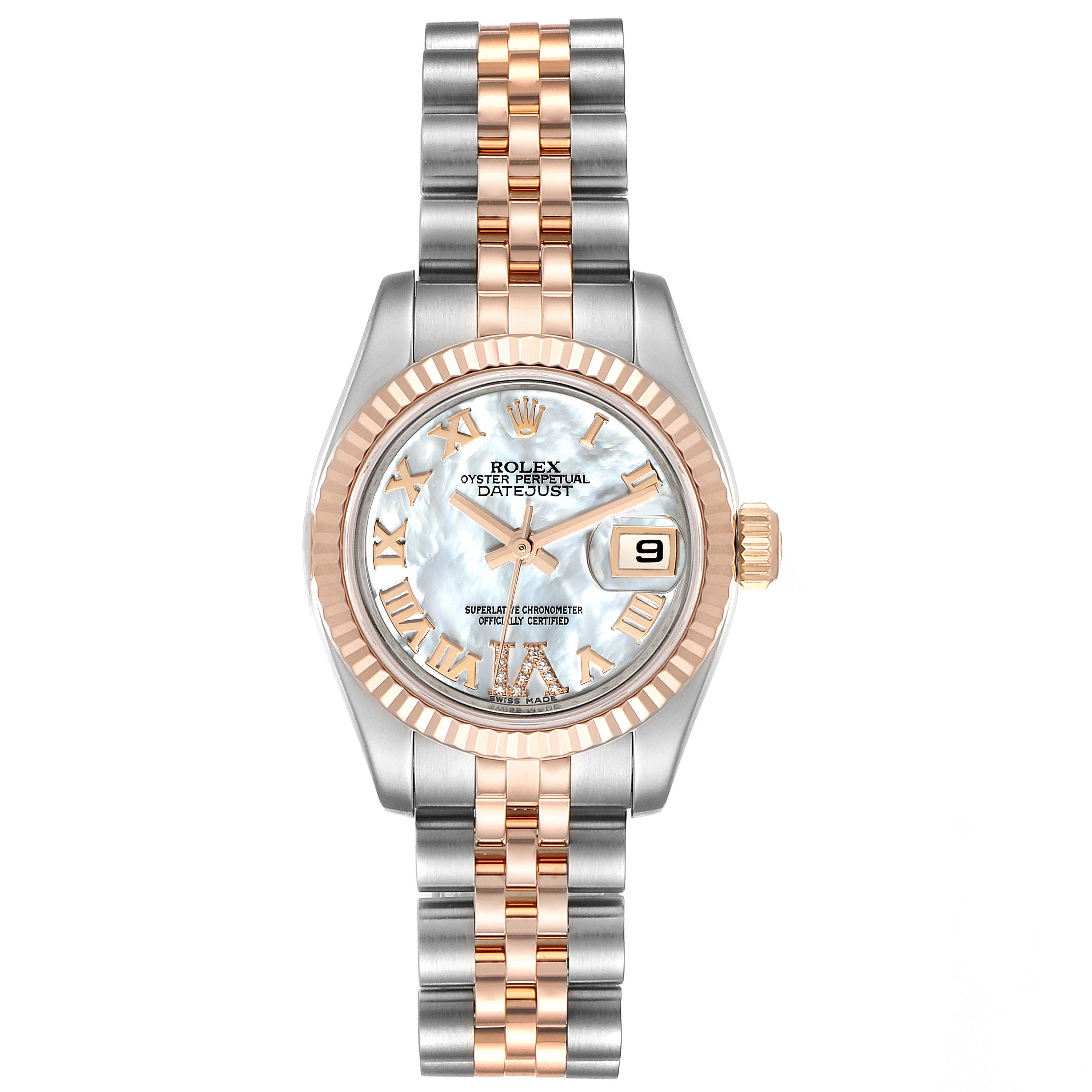 This image shows a front view of a Rolex Datejust 179171 Women's Steel and Gold (two tone) Mother of Pearl Dial 179171 Women's Steel and Gold (two tone) Mother of Pearl Dial watch, featuring a silver and rose gold bracelet, fluted bezel, and date display.