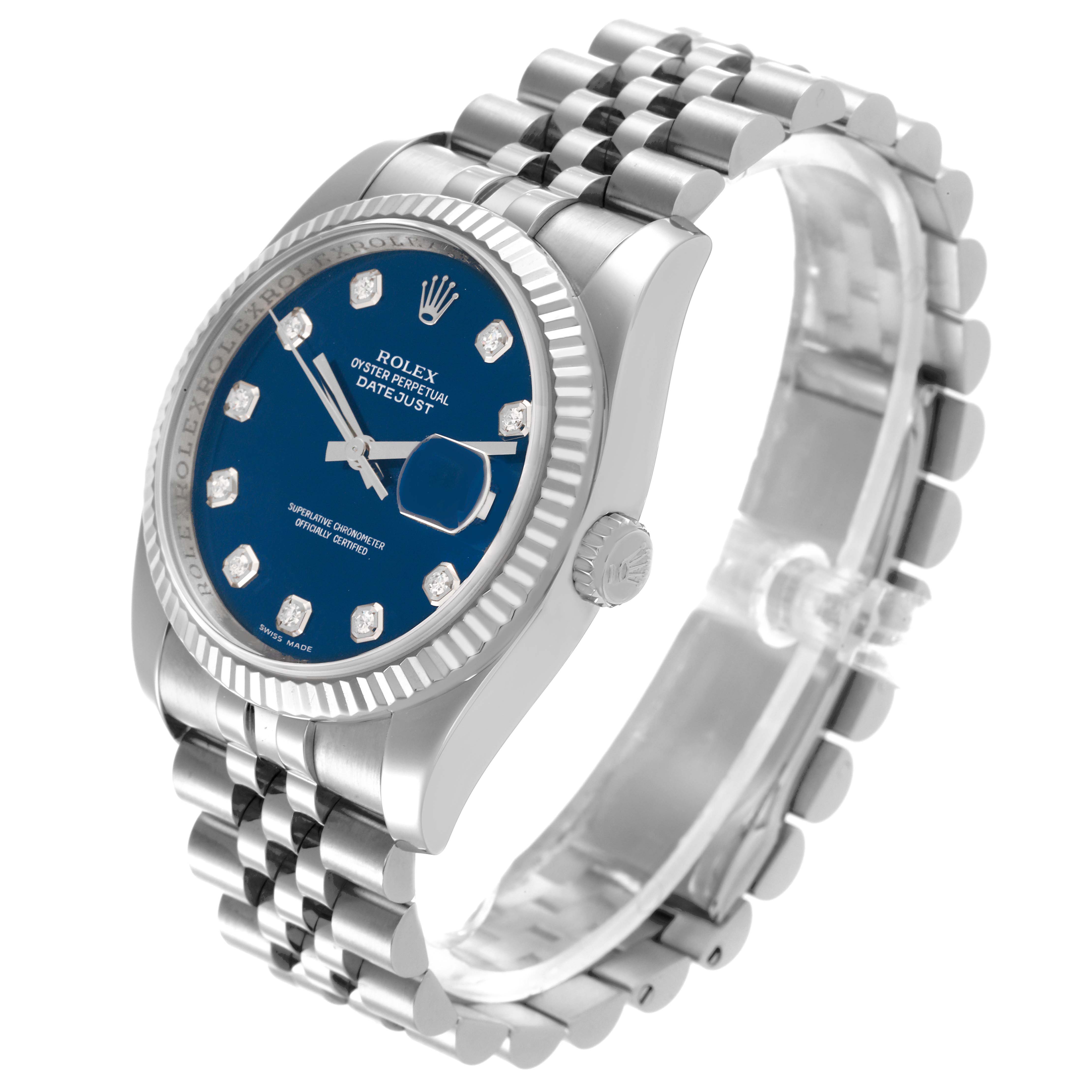 The image shows a Rolex Datejust 116234 Men
s Stainless Steel Blue Dial 116234 Men
s Stainless Steel Blue Dial watch displayed at an angled side view, highlighting the blue dial and jubilee bracelet.